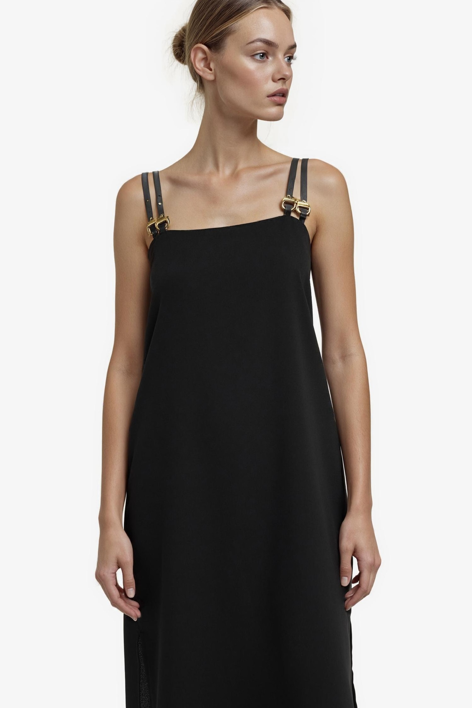 Kare Yaka Krep Kısa Kollu Midi Elbise