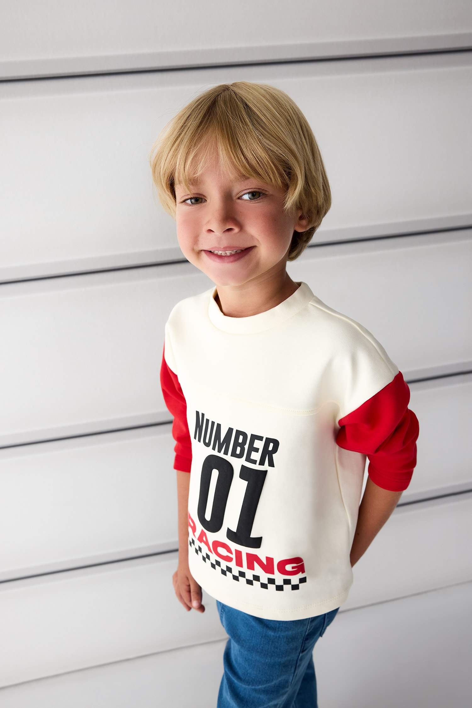 Erkek Bebek Bisiklet Yaka Baskılı Uzun Kollu Tişört