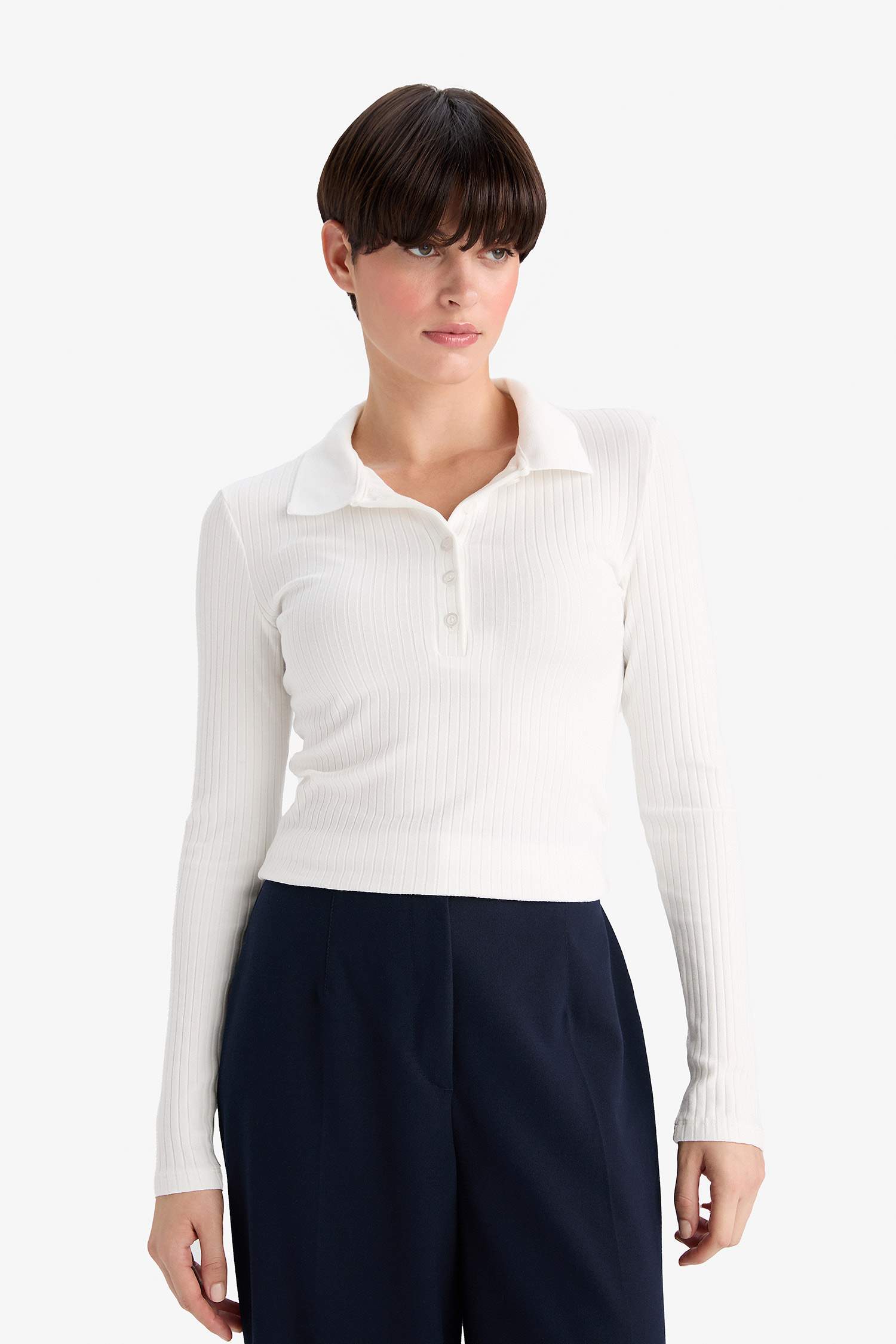 Slim Fit Dar Kesim Polo Yaka Basic Düz Fitilli Kaşkorse Uzun Kollu Tişört