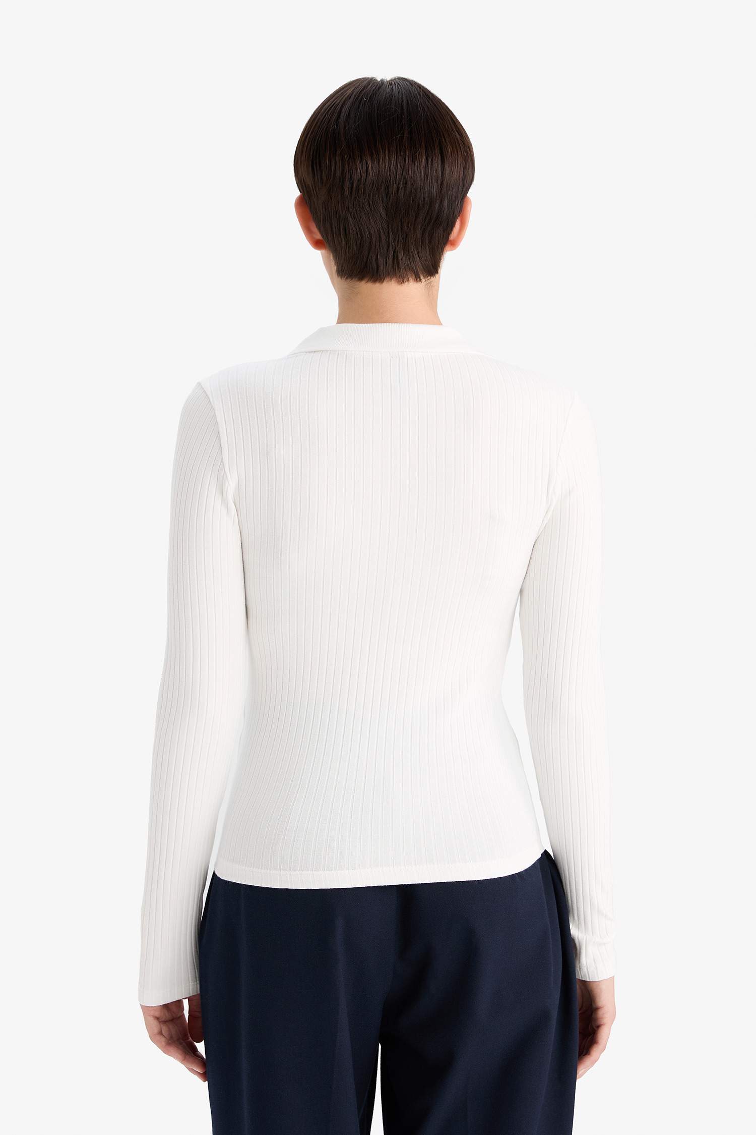 Slim Fit Dar Kesim Polo Yaka Basic Düz Fitilli Kaşkorse Uzun Kollu Tişört