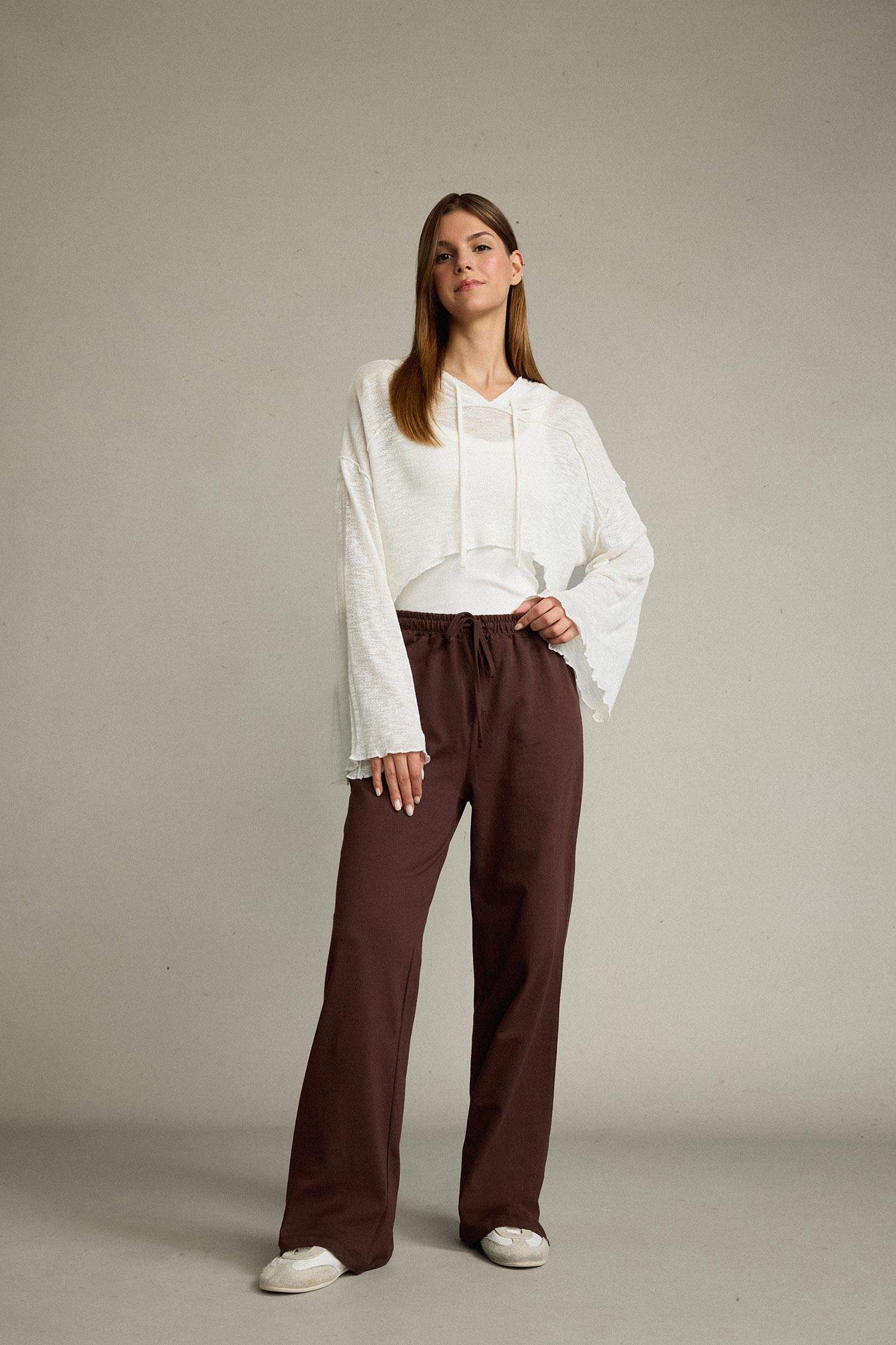 Crop Kapüşonlu Pamuklu Uzun Kollu Hırka