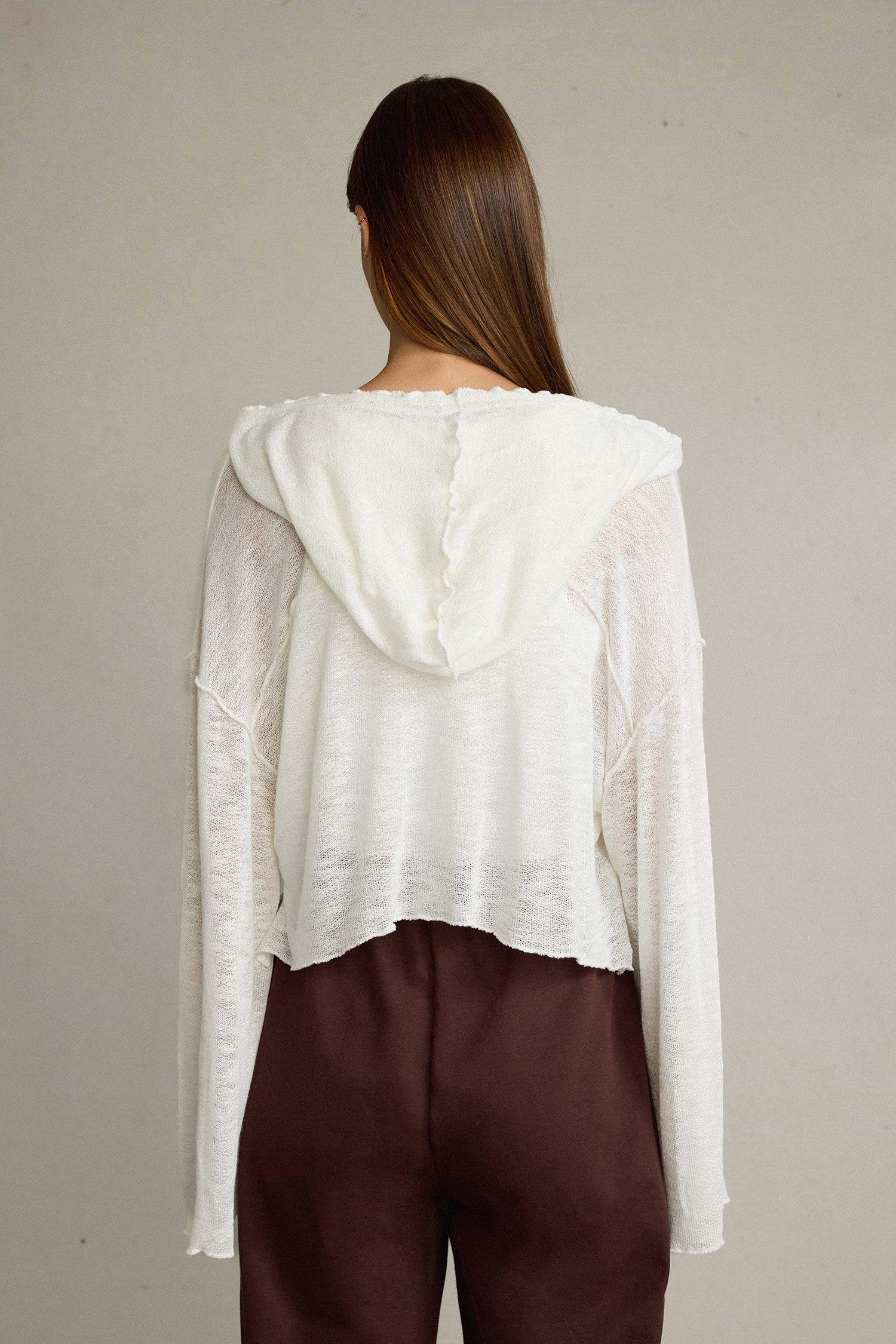 Crop Kapüşonlu Pamuklu Uzun Kollu Hırka