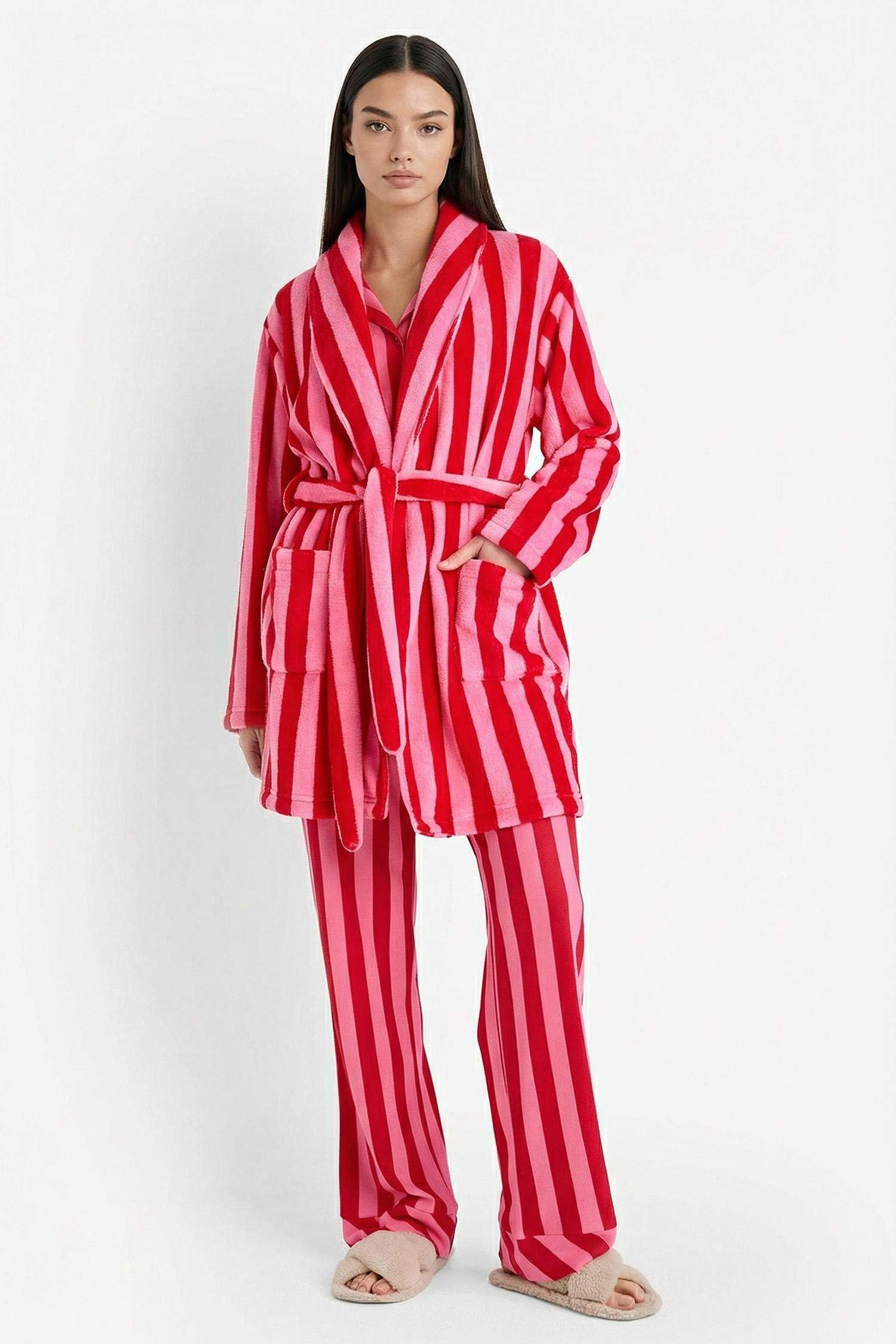 Regular Fit Çizgili Welsoft Pelüş Uzun Kollu Sabahlık