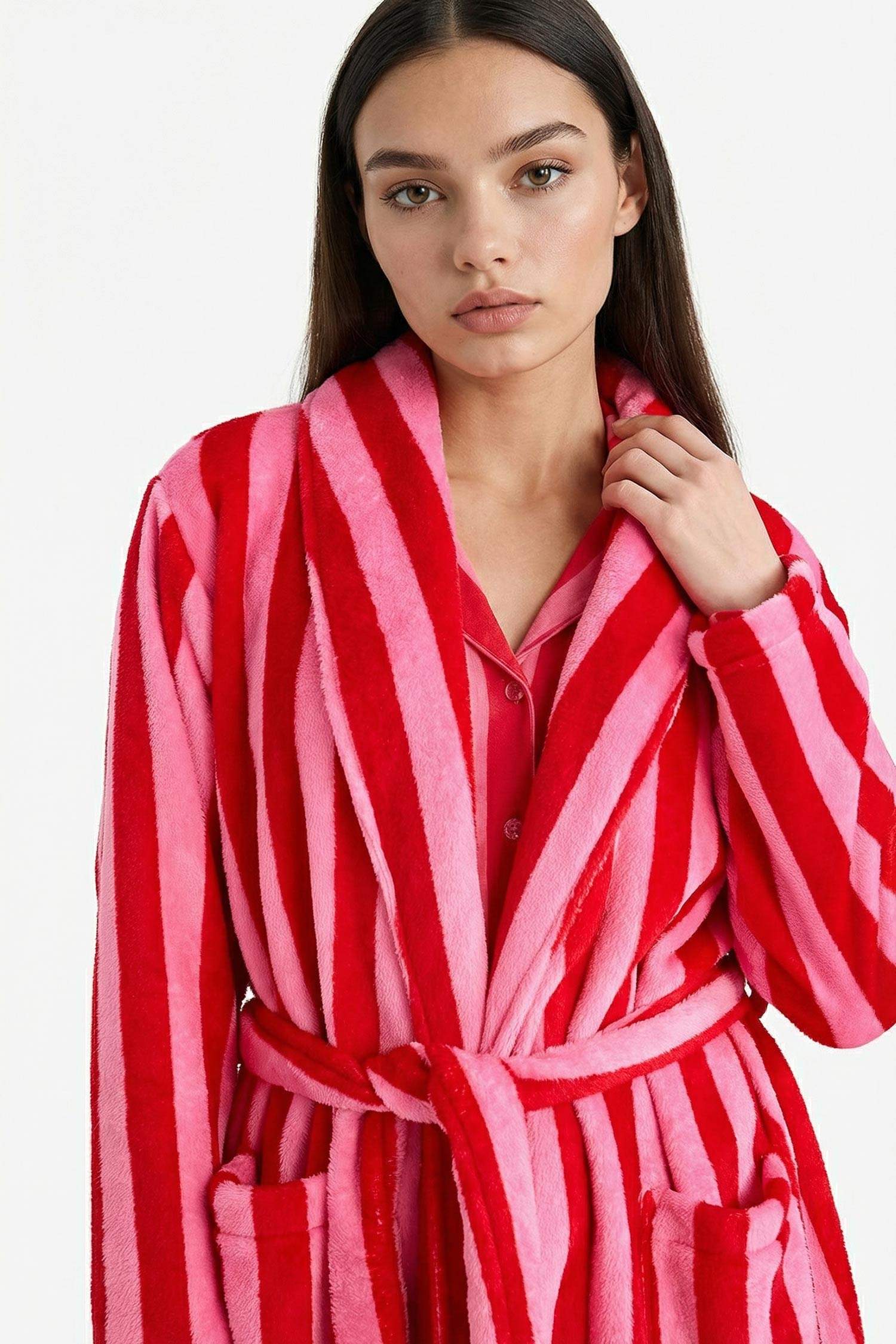 Regular Fit Çizgili Welsoft Pelüş Uzun Kollu Sabahlık