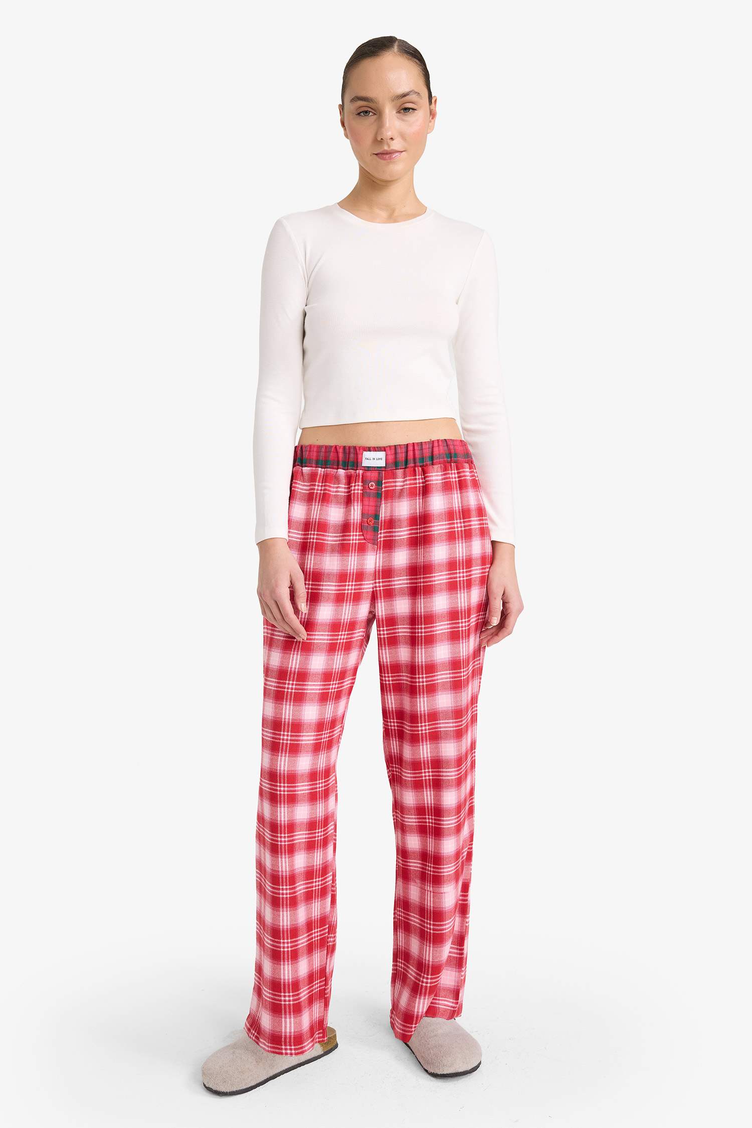 بنطلون بجامة كاروهات فلانيل قصة عادية