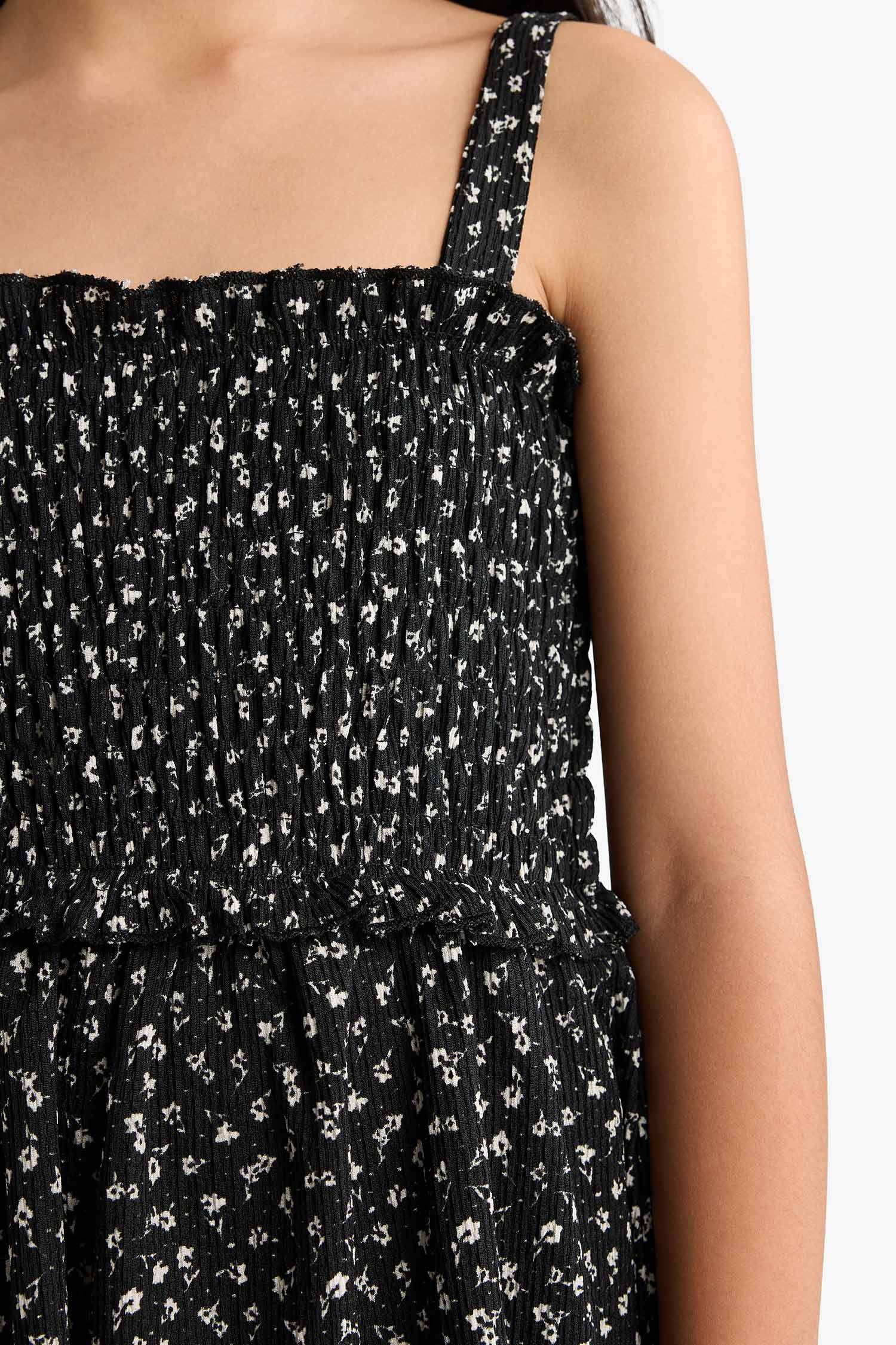 Kız Çocuk Çiçek Desenli Askılı Elbise