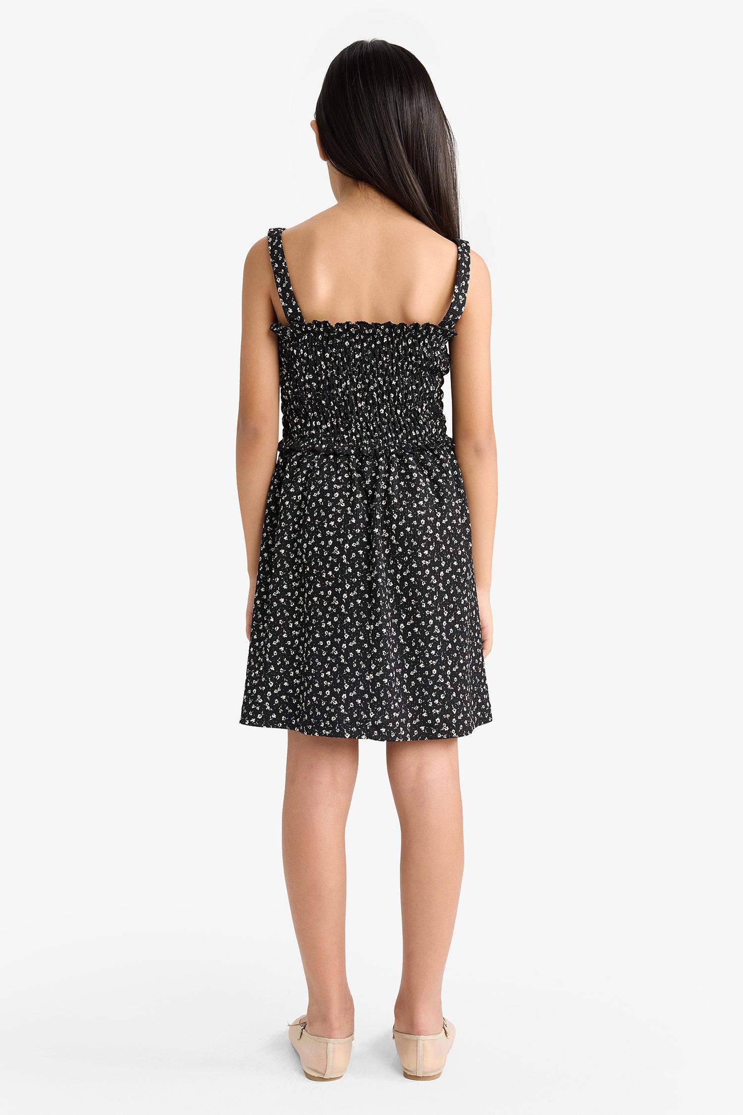 Kız Çocuk Çiçek Desenli Askılı Elbise