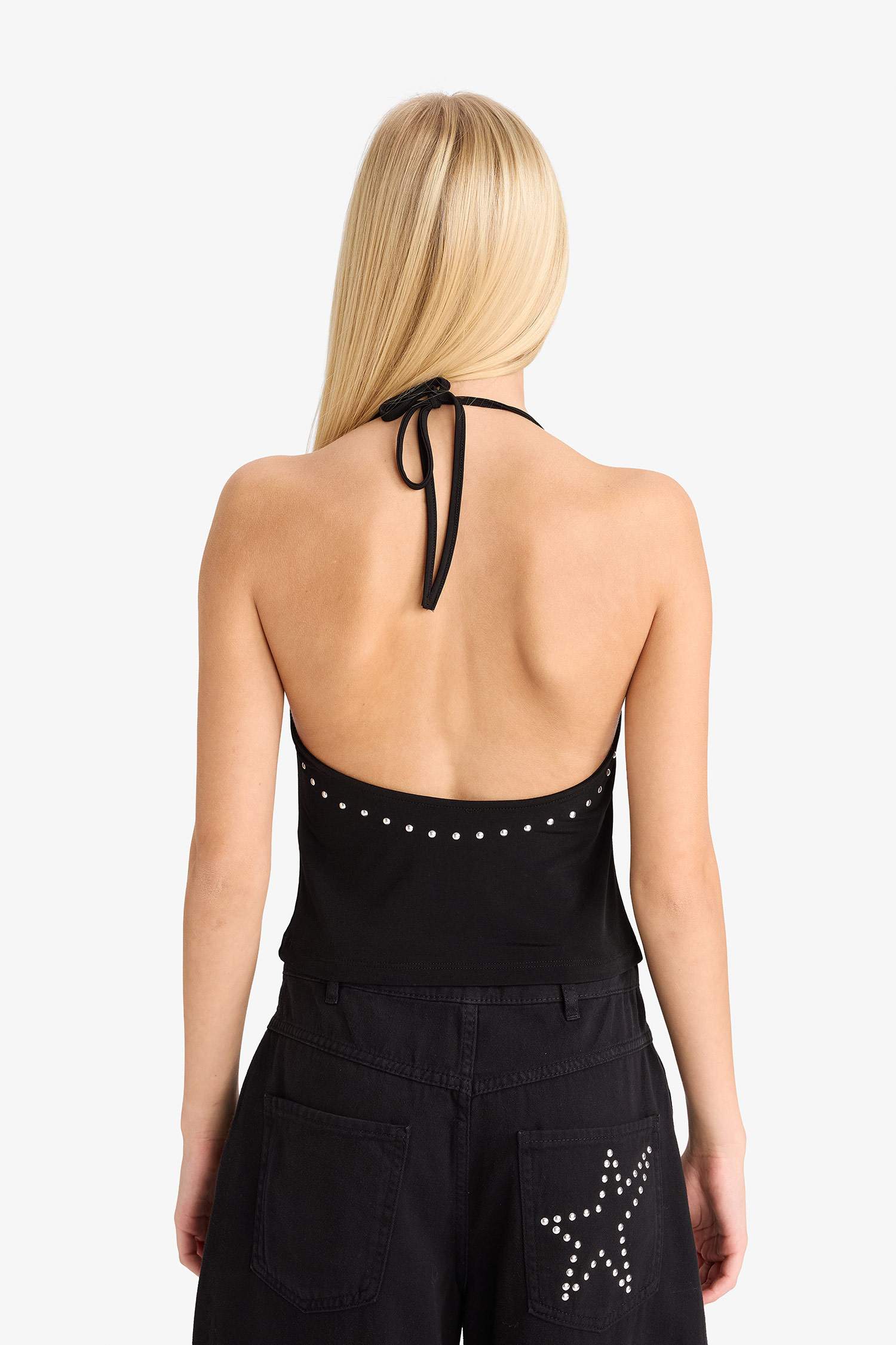 Fitted Boyundan Bağlamalı Taşlı Bluz