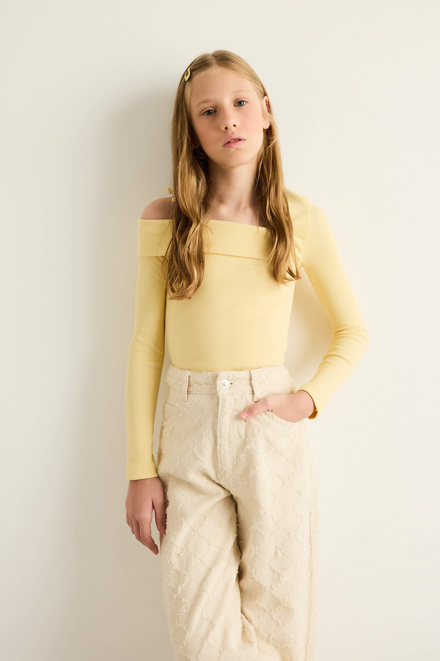 Kız Çocuk Slim Fit Dar Kesim Fitilli Kaşkorse Uzun Kollu Tişört