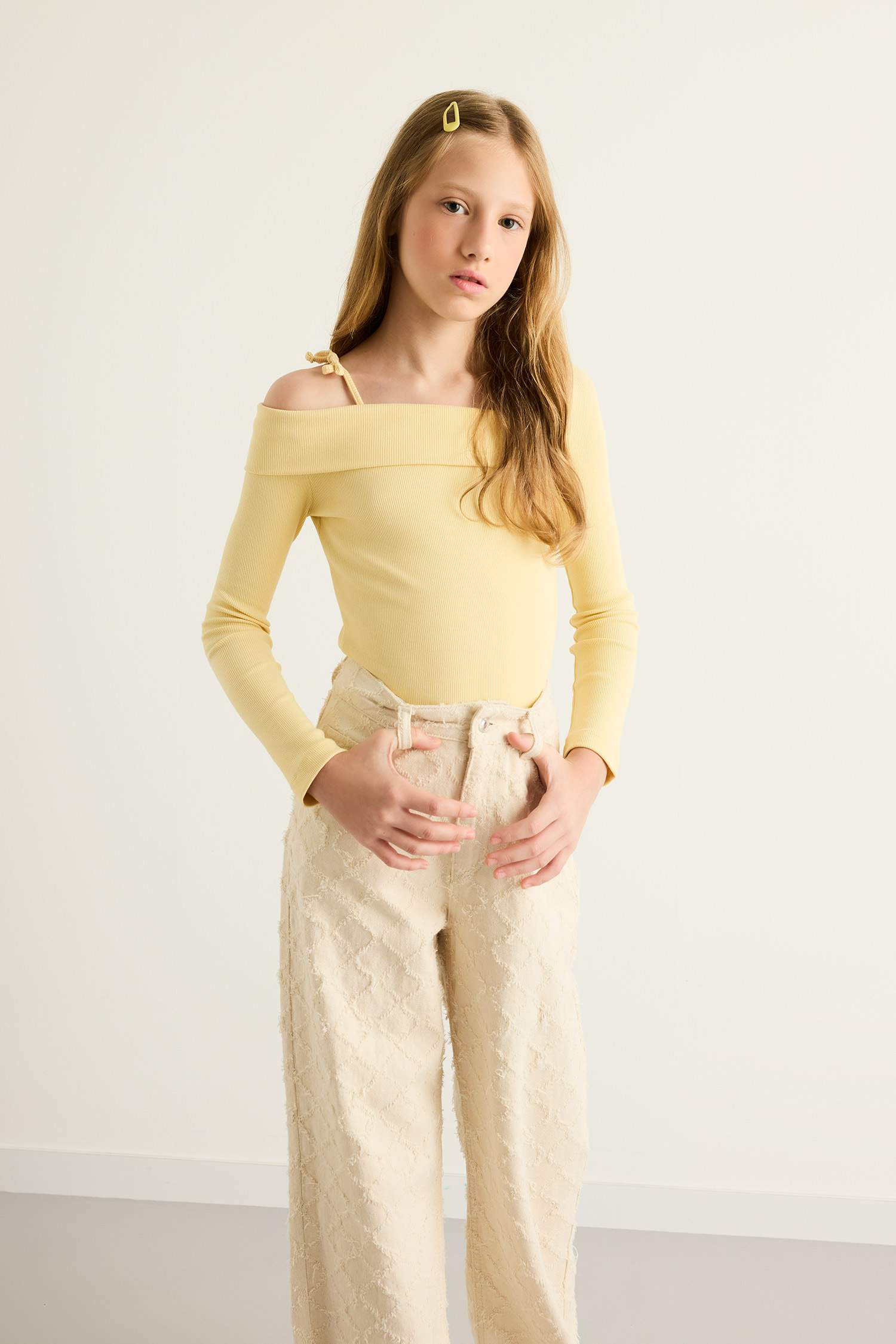 Kız Çocuk Slim Fit Dar Kesim Fitilli Kaşkorse Uzun Kollu Tişört