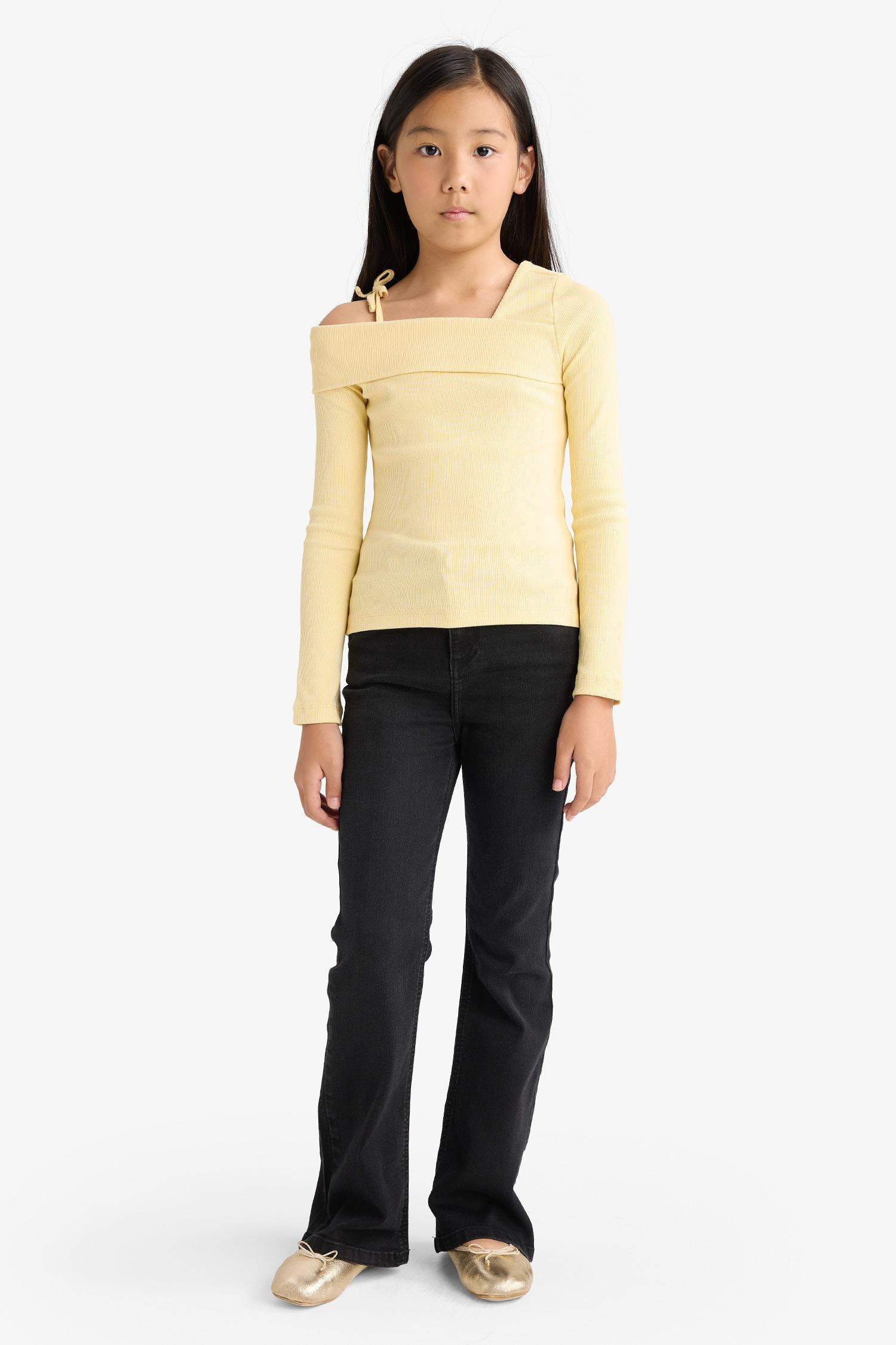 Kız Çocuk Slim Fit Dar Kesim Fitilli Kaşkorse Uzun Kollu Tişört