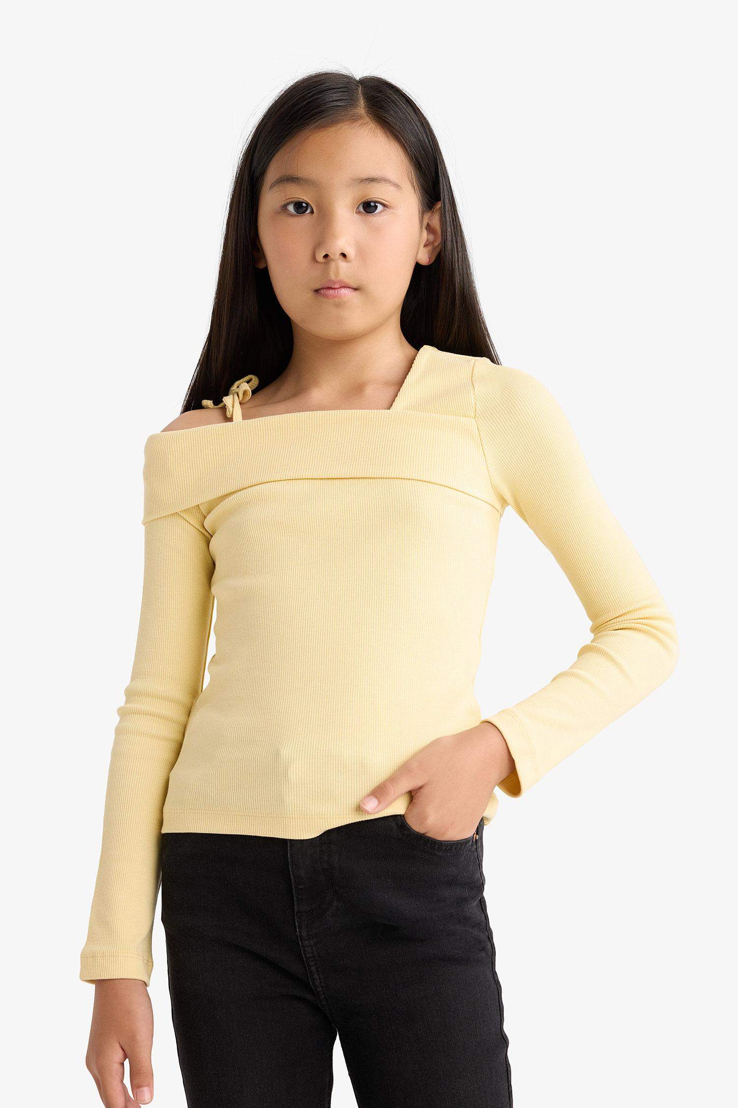 Kız Çocuk Slim Fit Dar Kesim Fitilli Kaşkorse Uzun Kollu Tişört