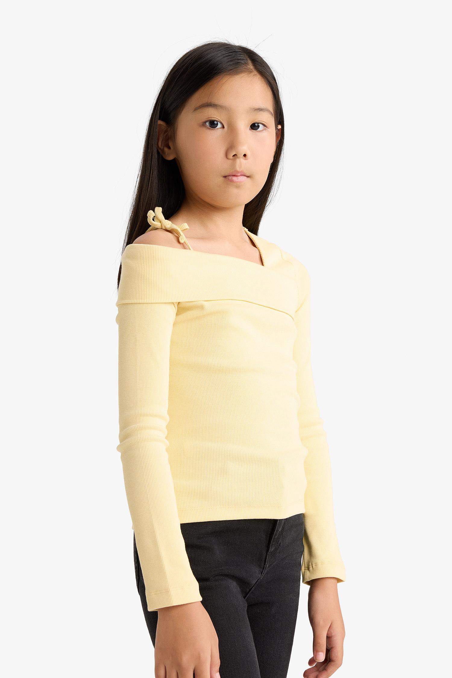 Kız Çocuk Slim Fit Dar Kesim Fitilli Kaşkorse Uzun Kollu Tişört