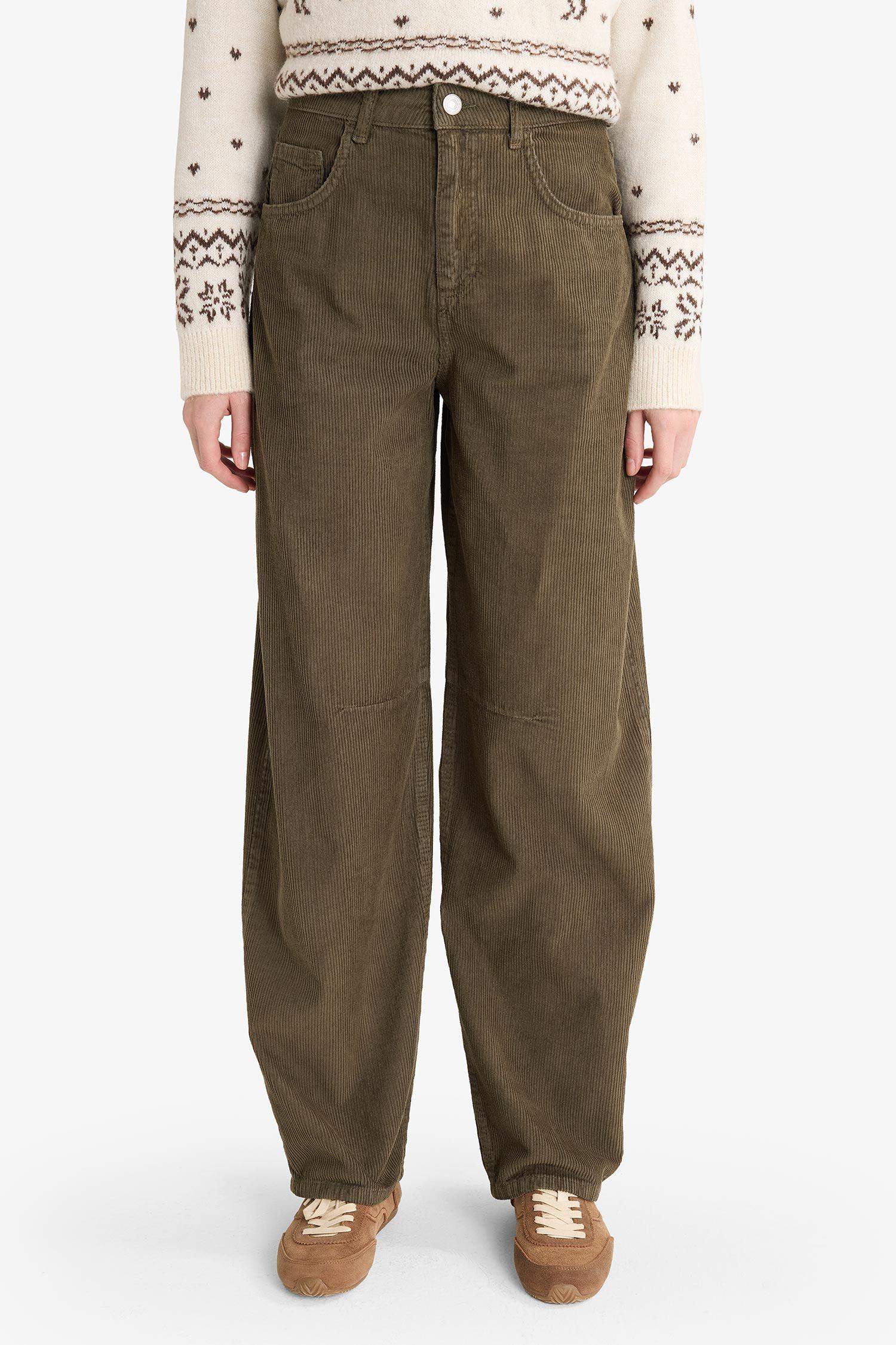 Baggy Fit Zipper Regular Waist Velvet Trousers