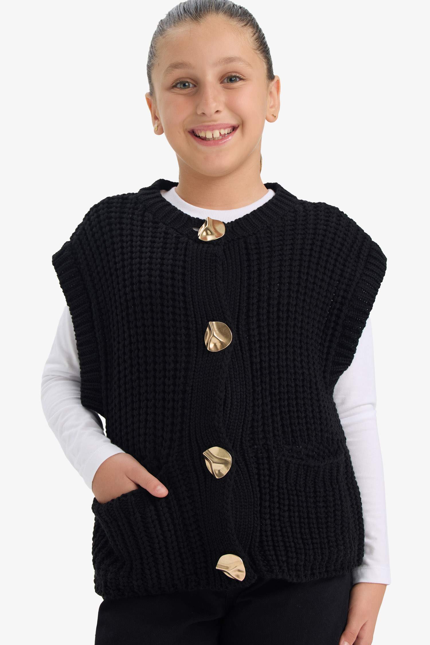 Kız Çocuk Bisiklet Yaka Düğmeli Süveter 