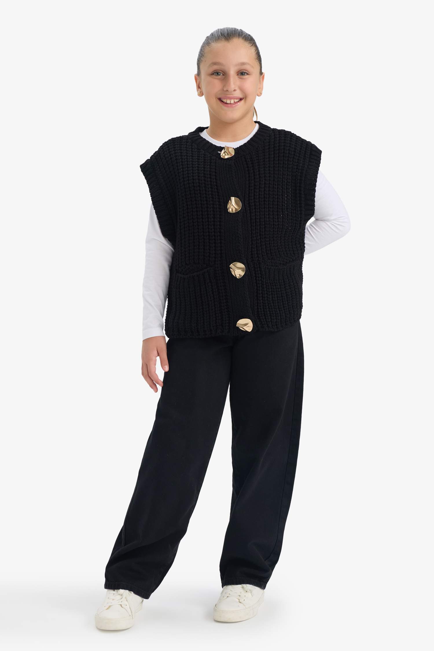 Kız Çocuk Bisiklet Yaka Düğmeli Süveter 