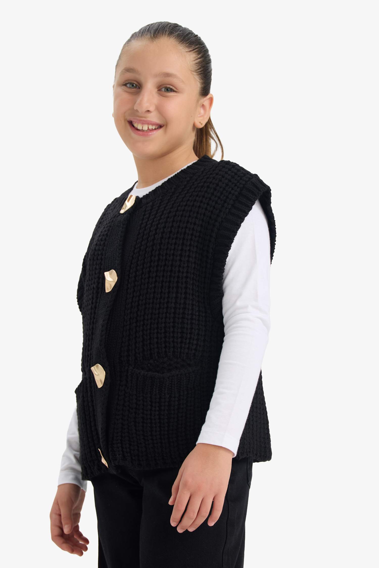 Kız Çocuk Bisiklet Yaka Düğmeli Süveter 