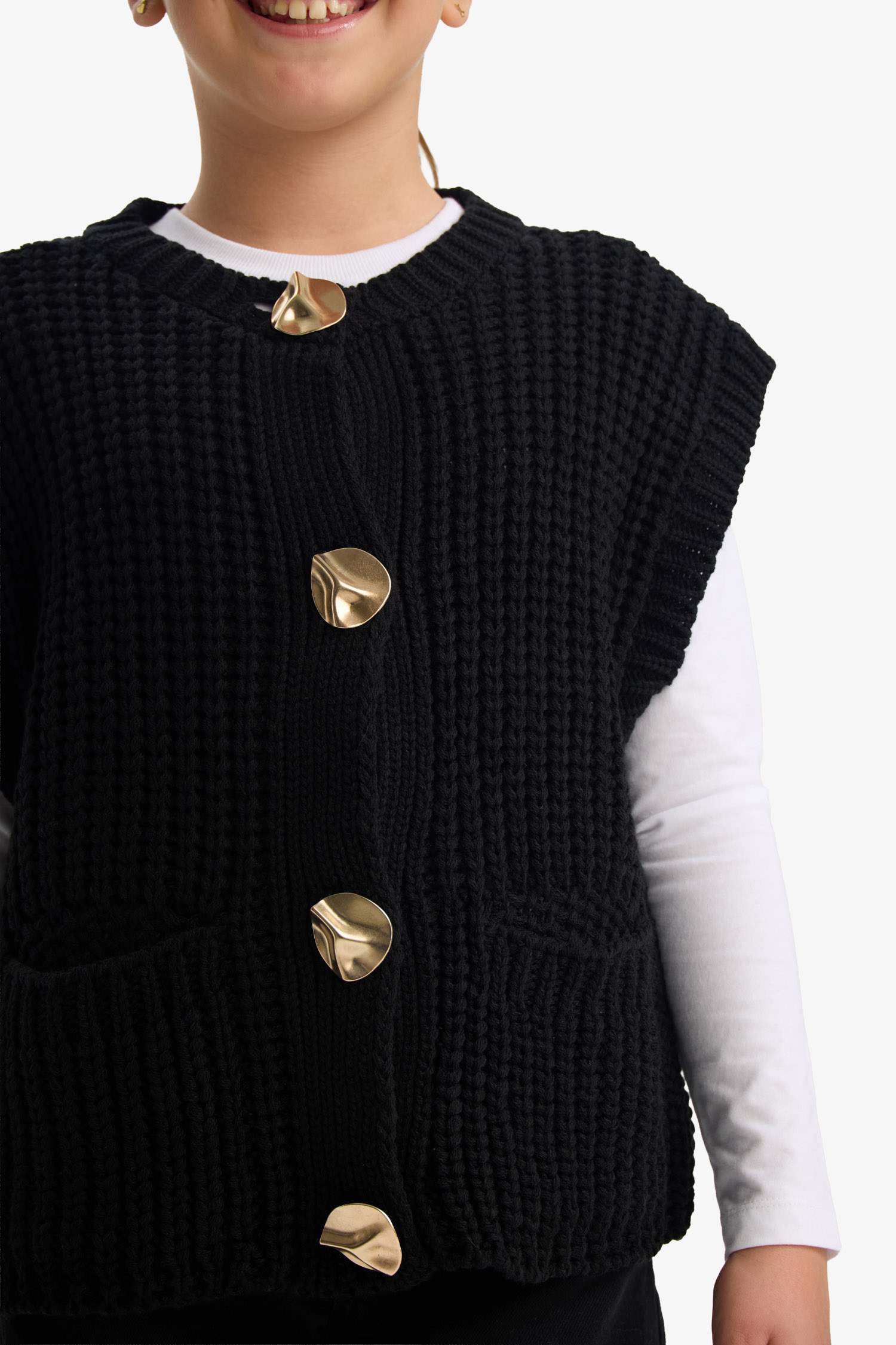 Kız Çocuk Bisiklet Yaka Düğmeli Süveter 