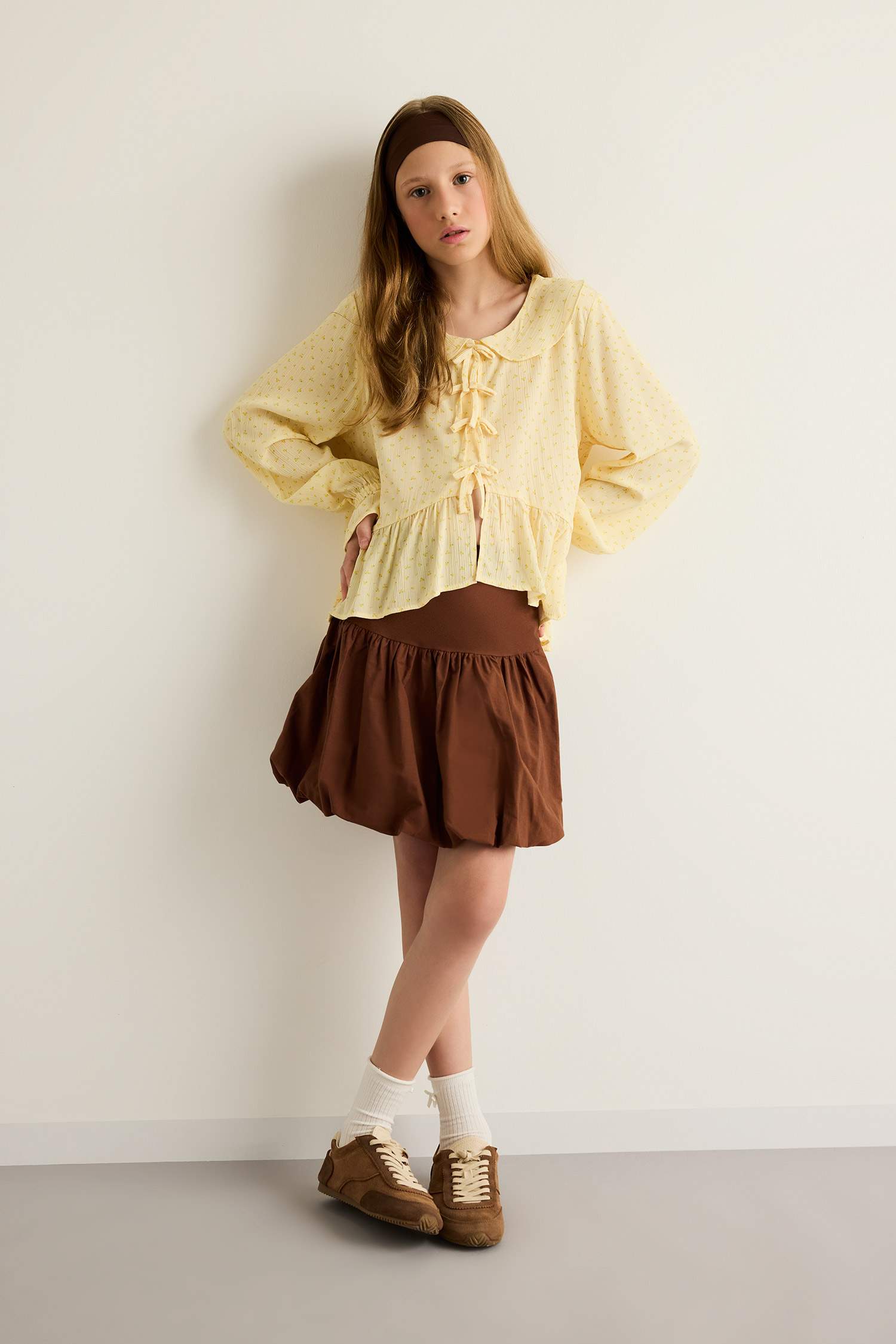 Kız Çocuk Önden Bağlamalı Desenli Uzun Kollu Bluz