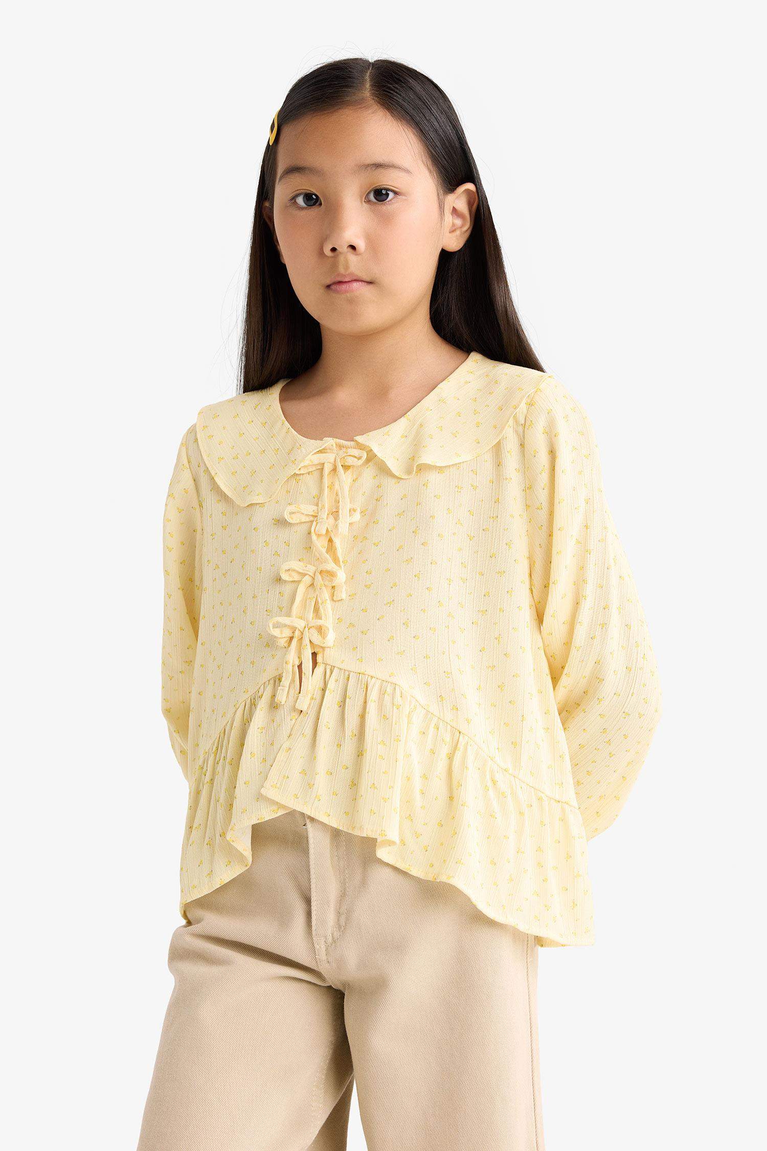 Kız Çocuk Önden Bağlamalı Desenli Uzun Kollu Bluz