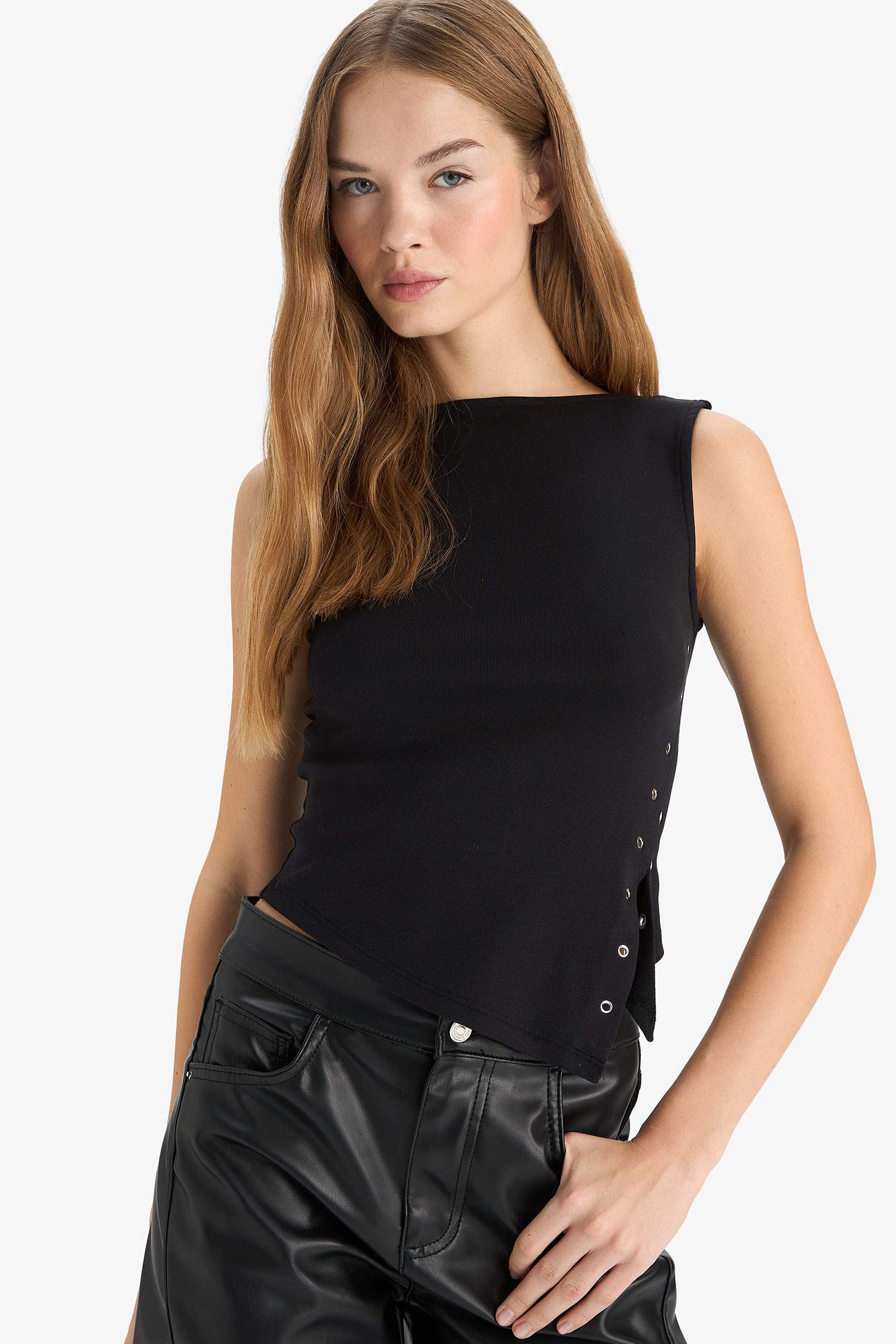 Fitted Boat Neck Ribbed Slit Blouse