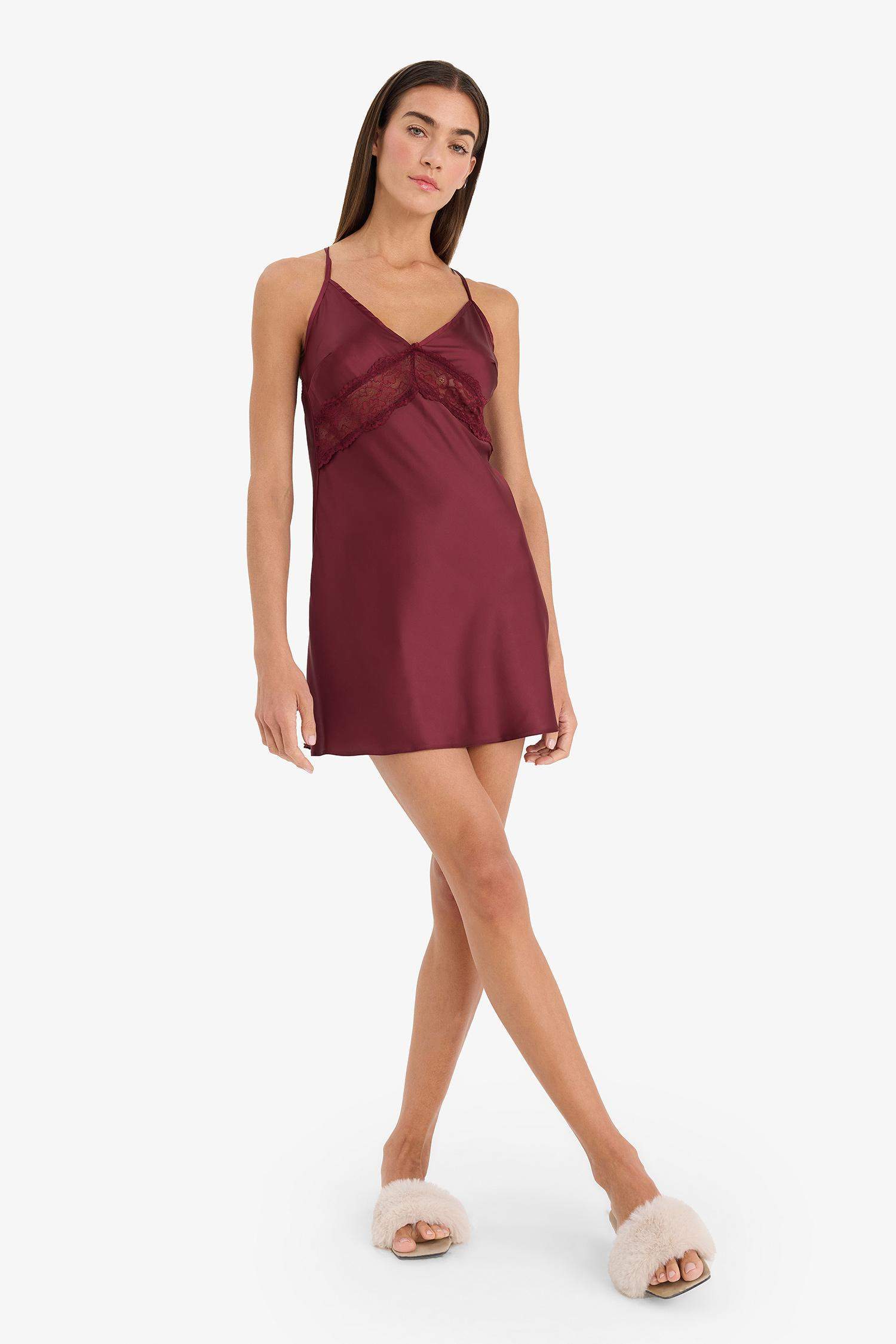 Regular Fit V-Neck Satin Woven Nightgown Dress