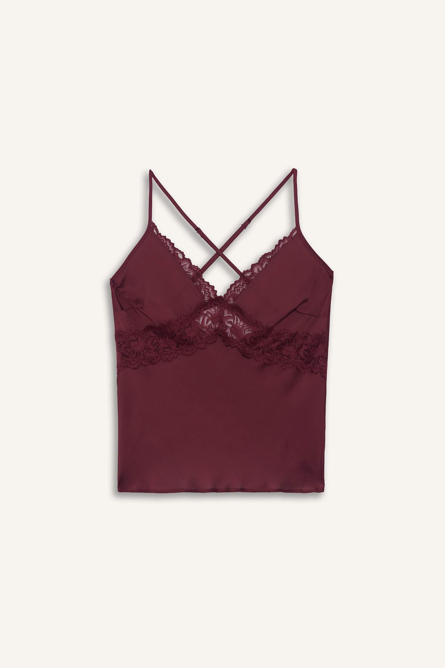 Regular Fit V Yaka Dantel Detaylı Askılı Saten Üst-Fall in Love