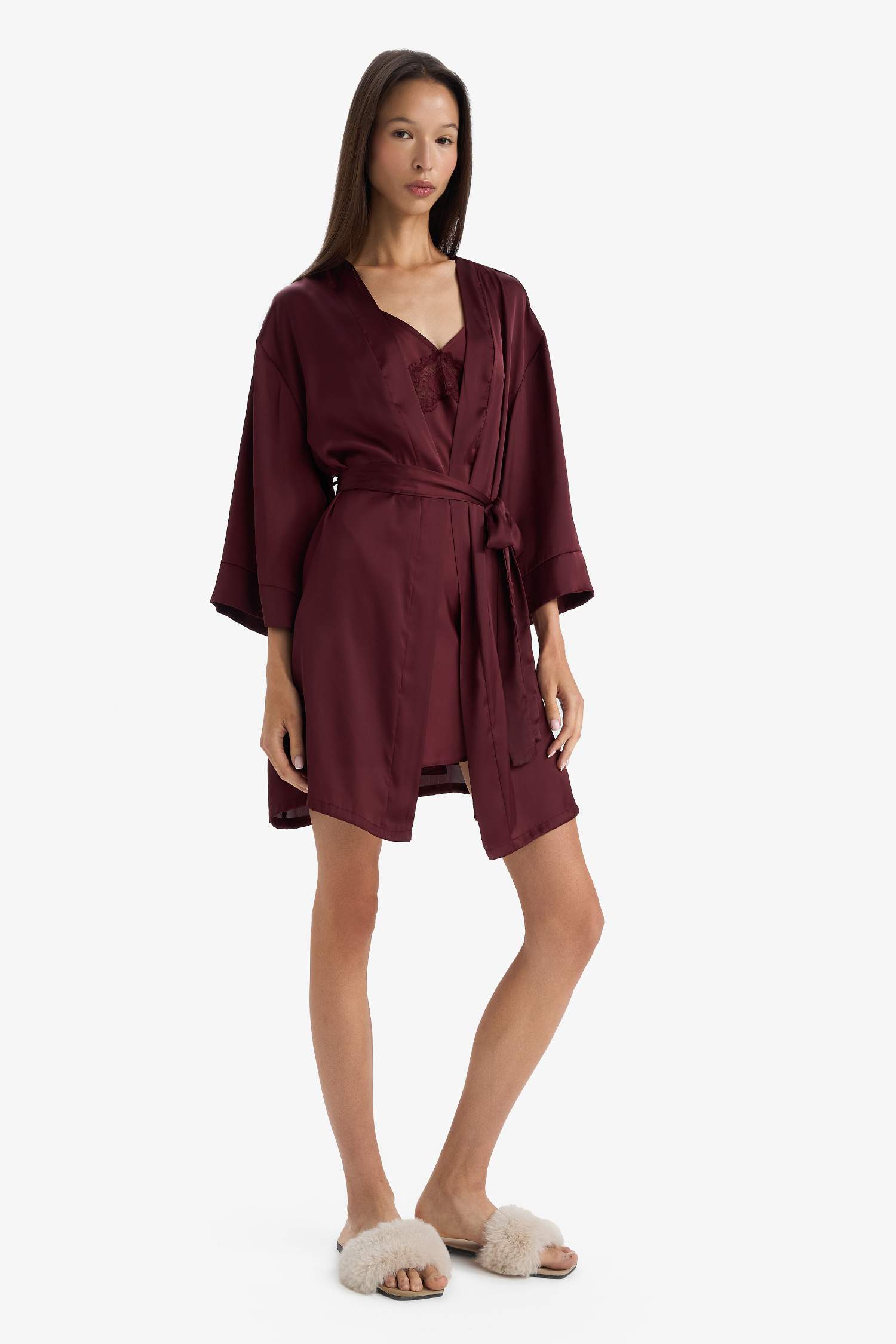 Regular Fit Wrap Yaka Saten Sabahlık-Fall in Love