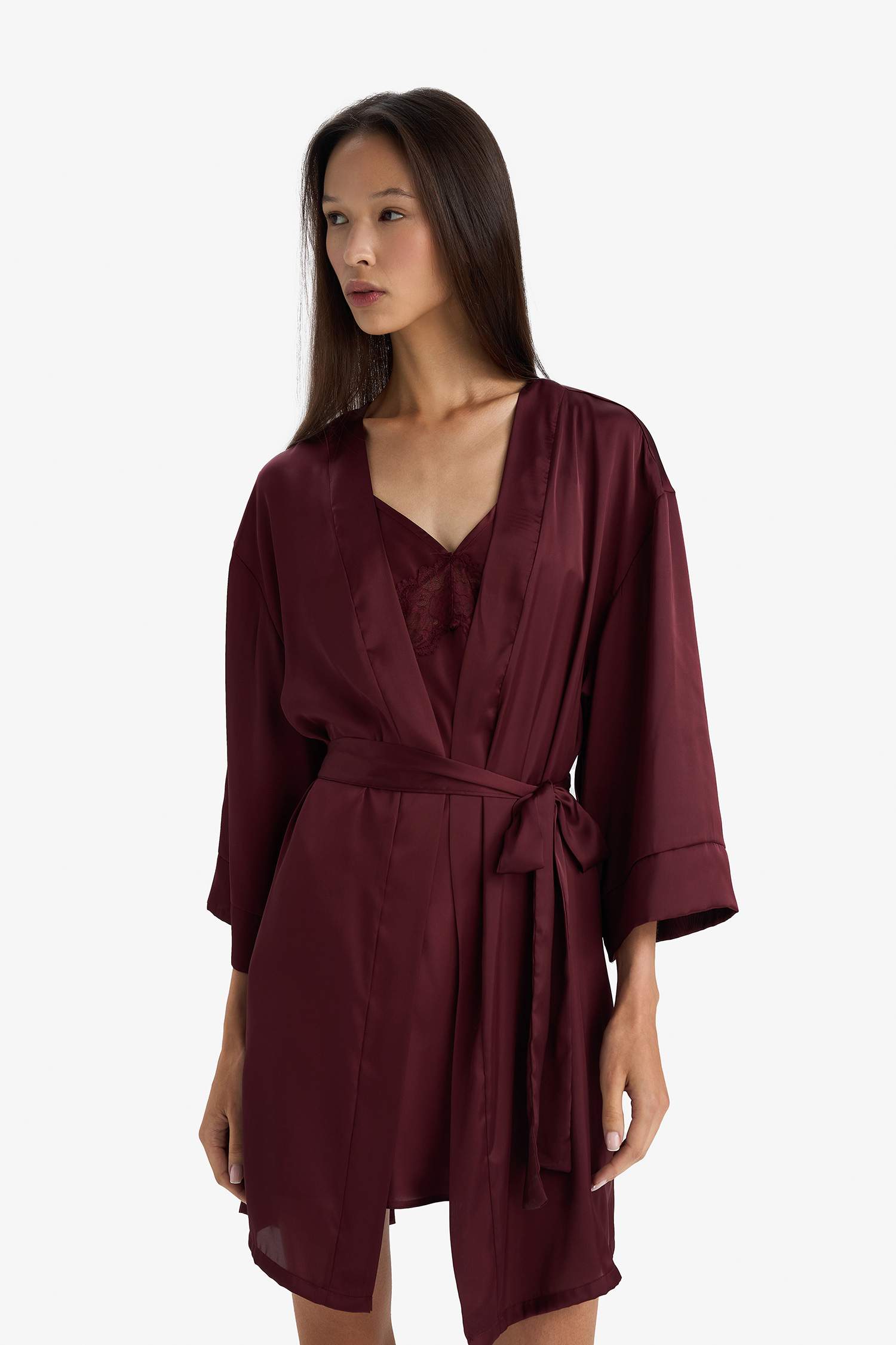 Regular Fit Wrap Yaka Saten Sabahlık-Fall in Love