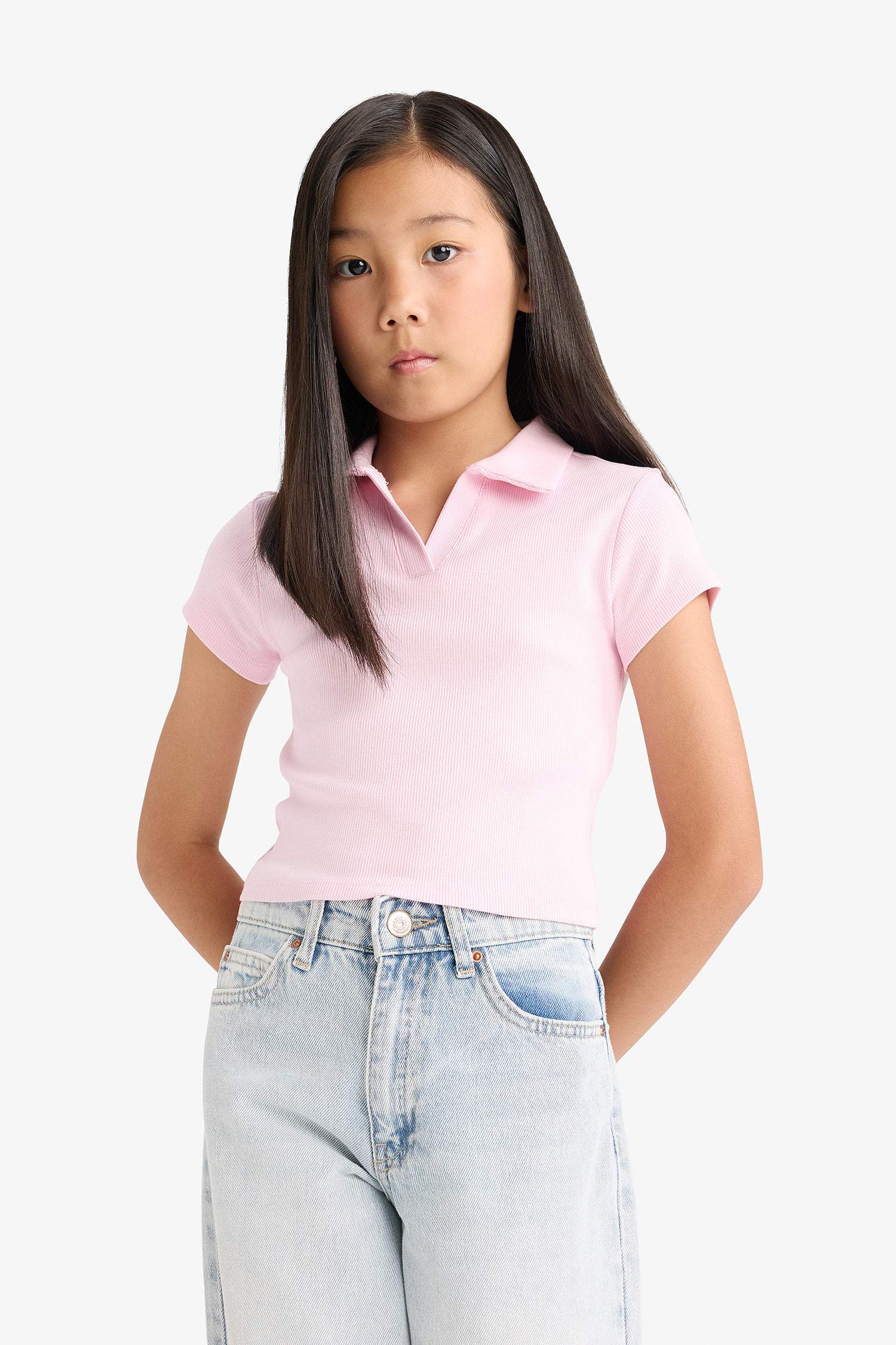 تيشيرت بولو بناتي نص كم مضلع سليم فيت