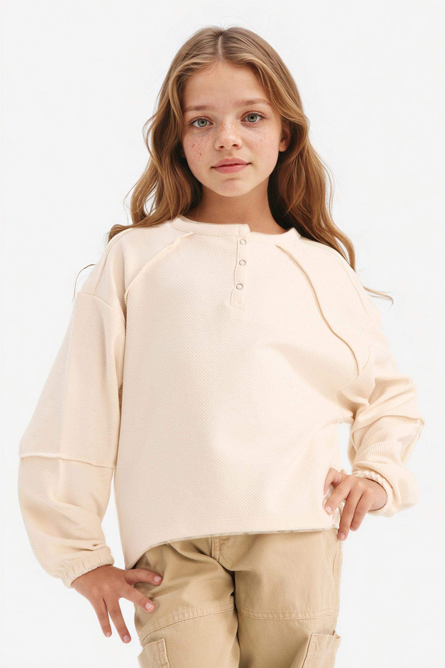 Oversize Geniş Kalıp Bisiklet Yaka Düğmeli Sweatshirt Kız Çocuk