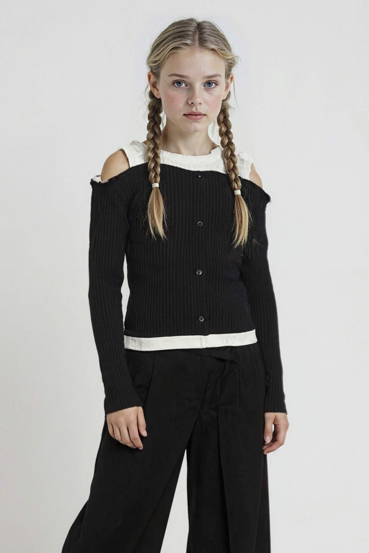 Kız Çocuk Slim Fit Dar Kesim Omzu Açık Fitilli Kaşkorse Uzun Kollu Tişört 