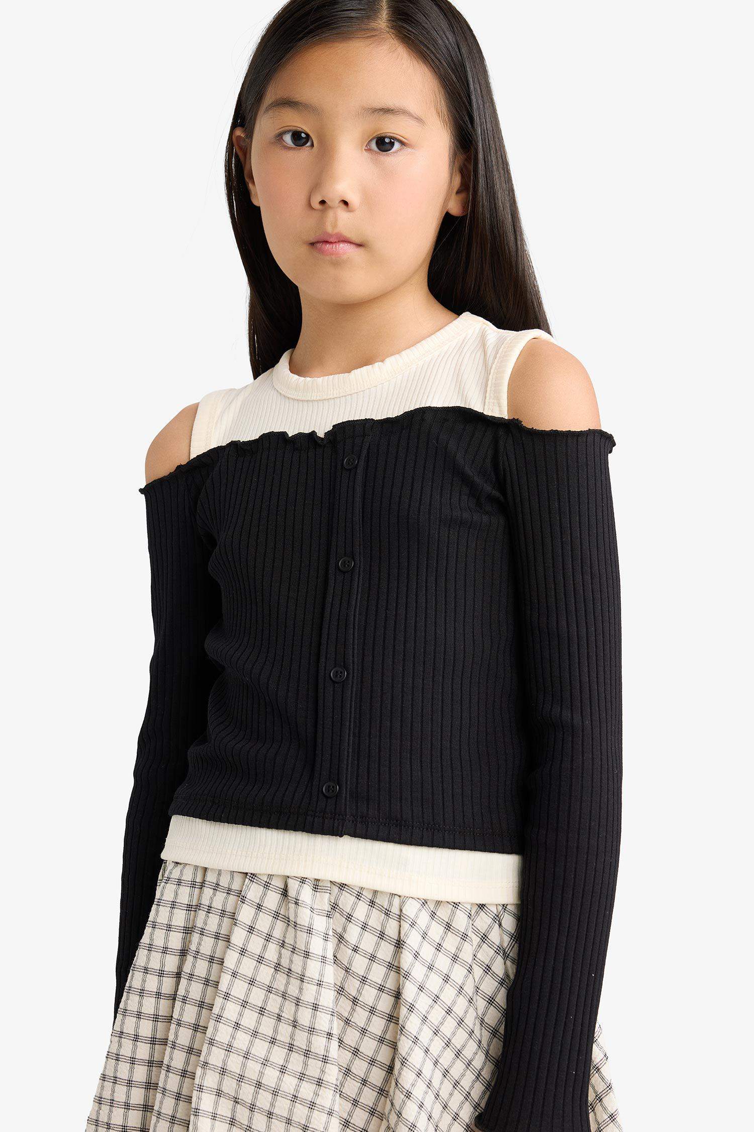 Kız Çocuk Slim Fit Dar Kesim Omzu Açık Fitilli Kaşkorse Uzun Kollu Tişört 