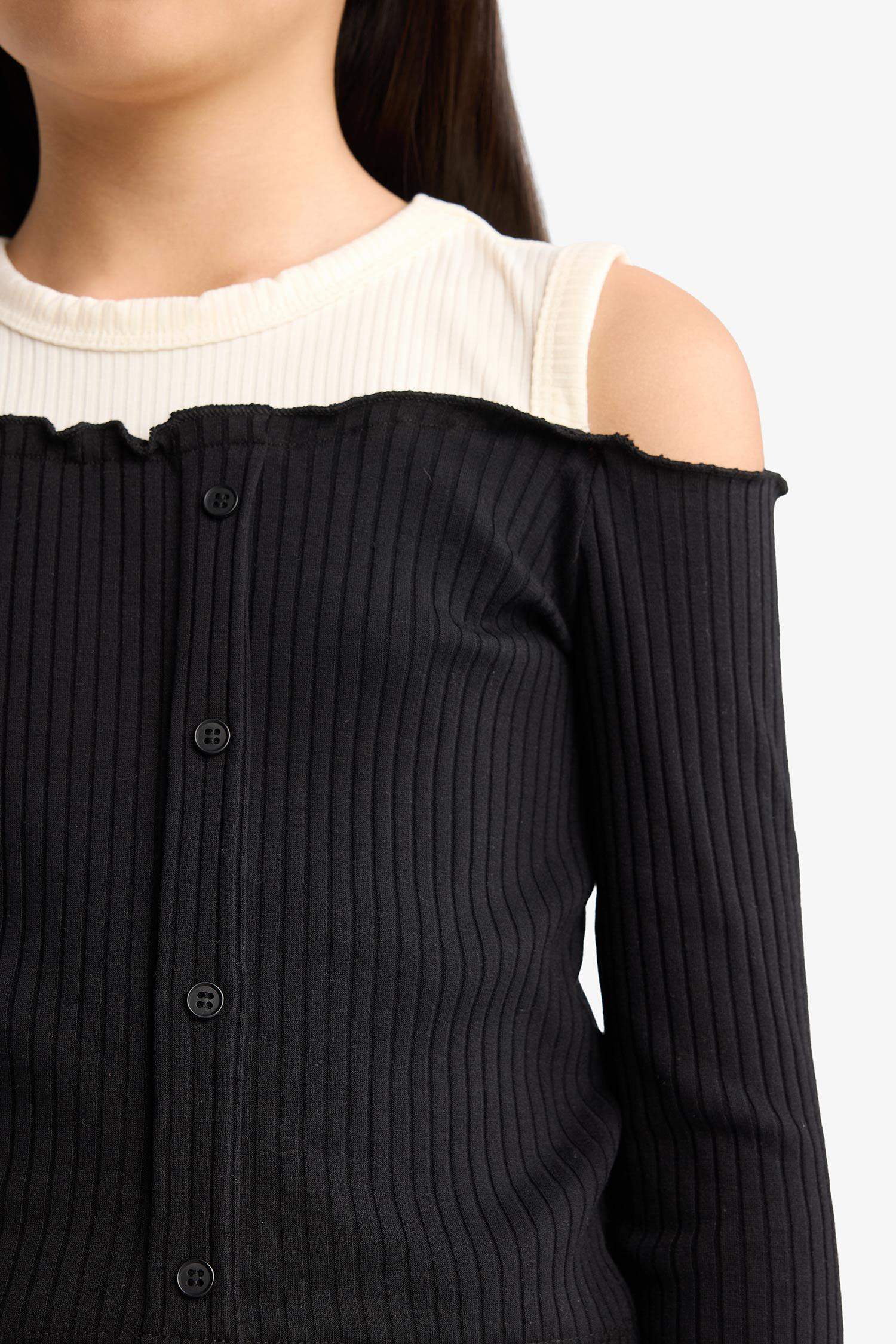 Kız Çocuk Slim Fit Dar Kesim Omzu Açık Fitilli Kaşkorse Uzun Kollu Tişört 