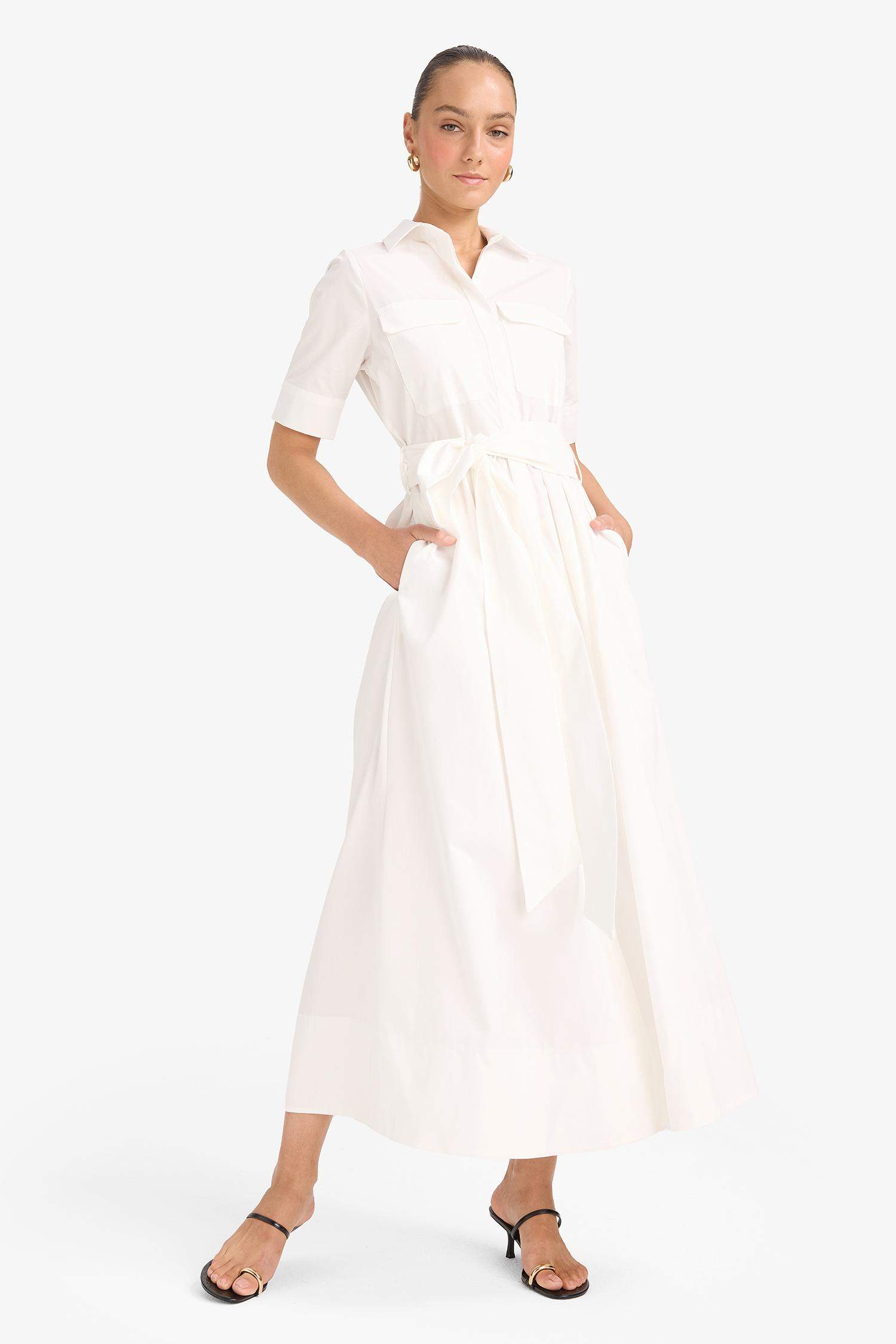 Gömlek Yaka Poplin Bağlama Detaylı Kısa Kollu Midi Elbise