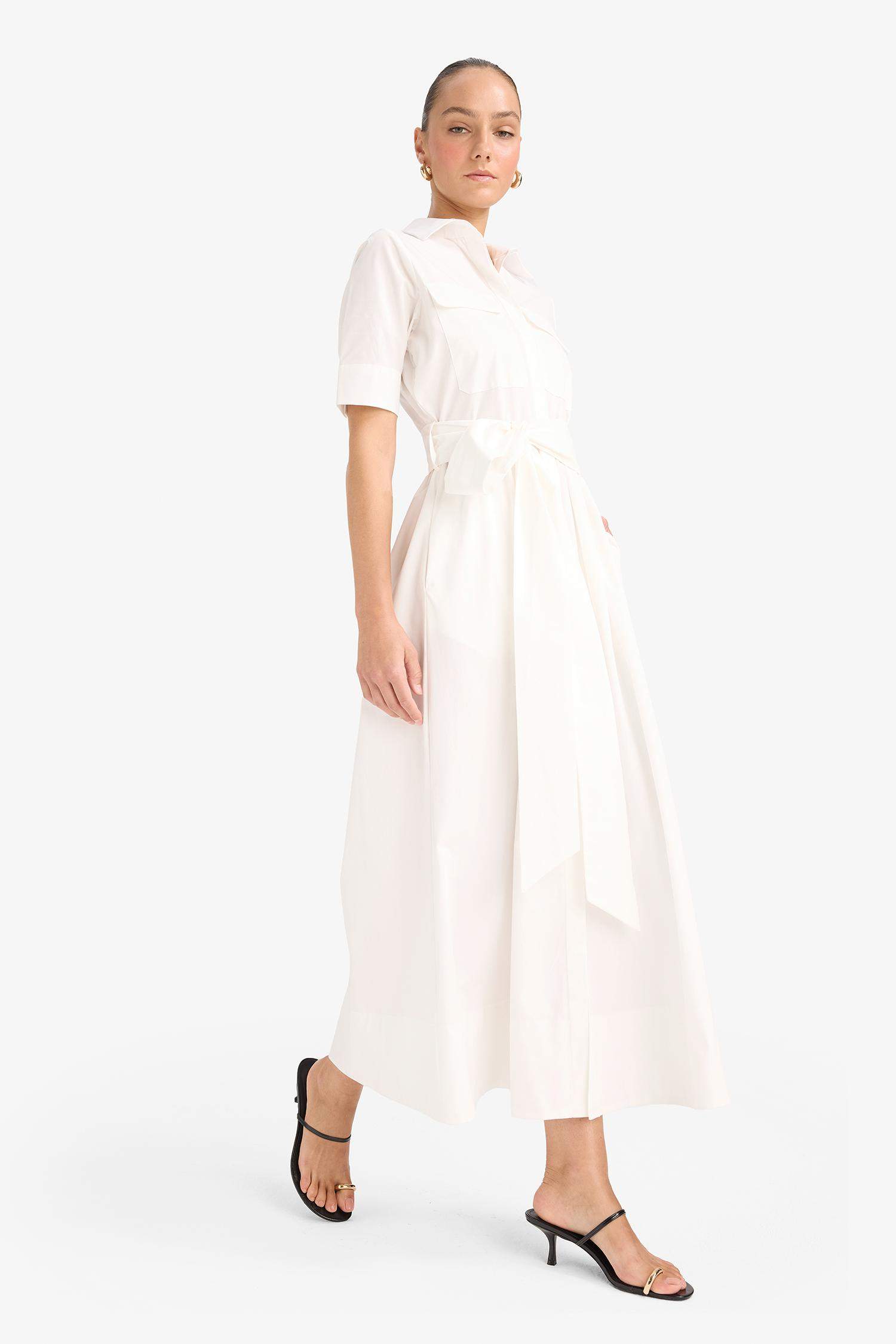 Gömlek Yaka Poplin Bağlama Detaylı Kısa Kollu Midi Elbise