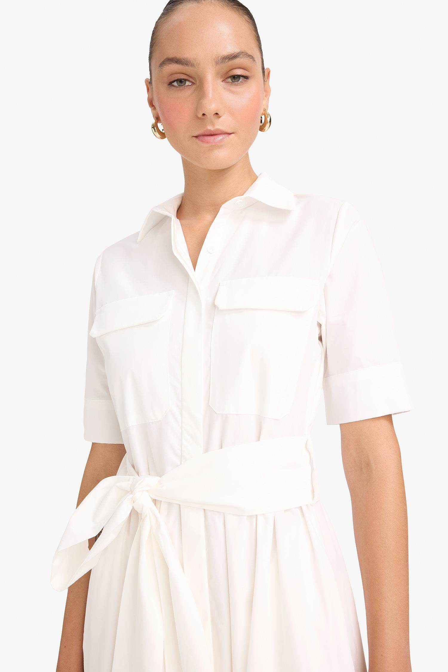 Gömlek Yaka Poplin Bağlama Detaylı Kısa Kollu Midi Elbise