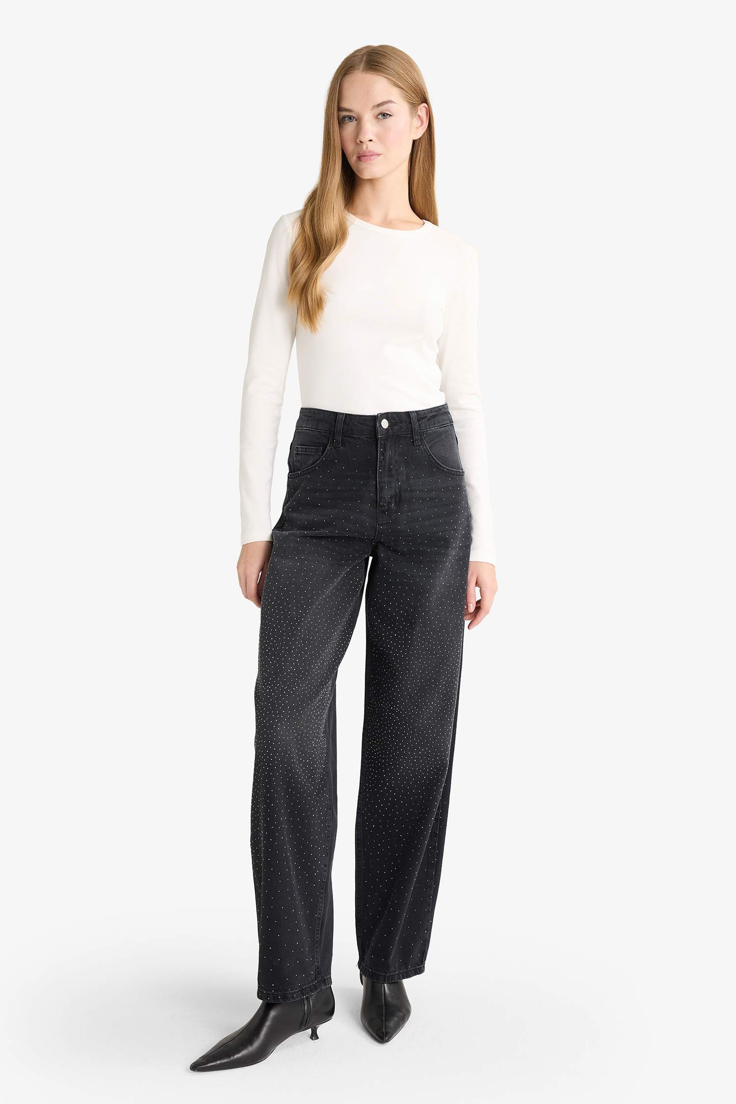 Baggy Fit Yüksek Bel Uzun Jean Yıkamalı Pantolon