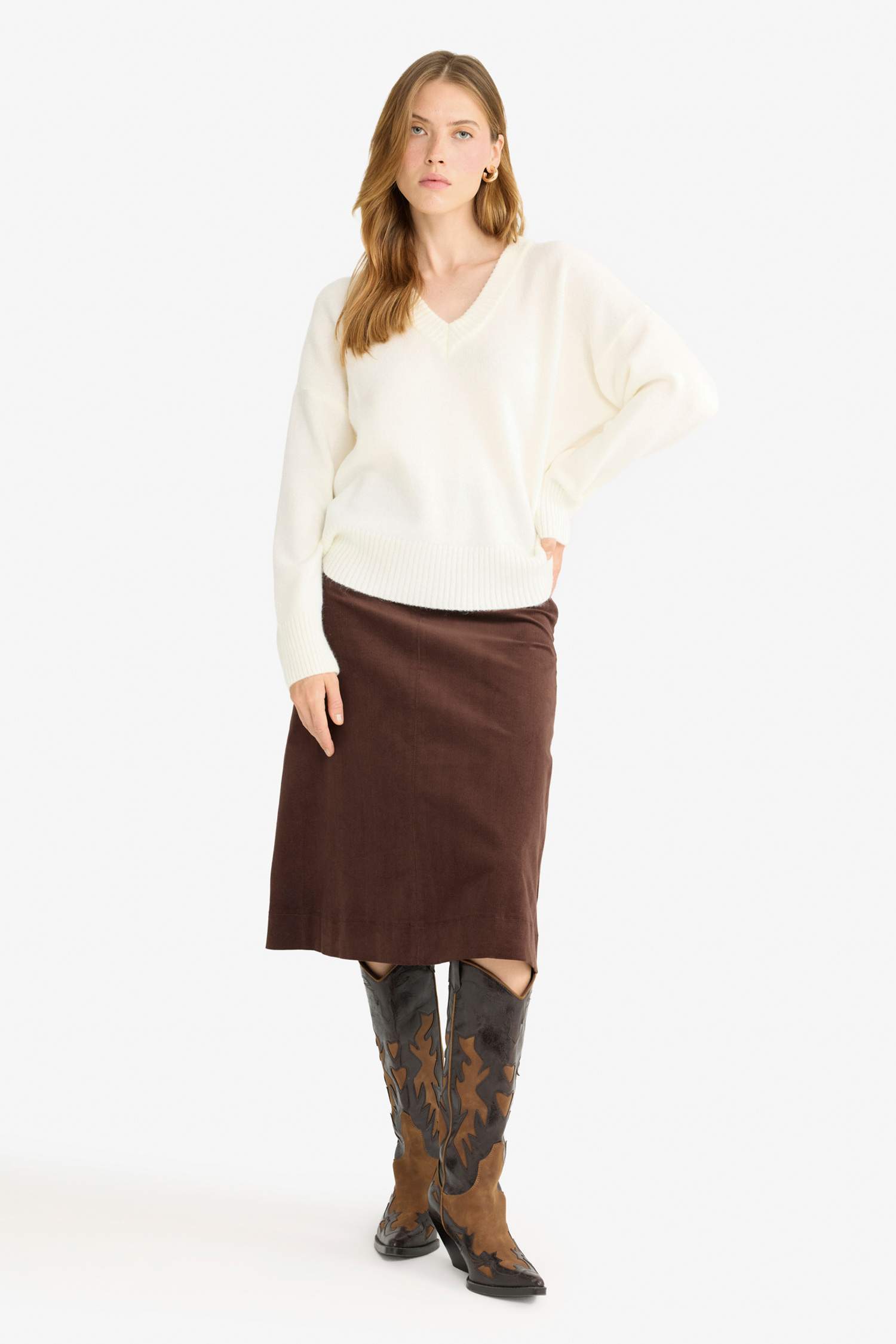 Regular Fit Velvet Normal Waist Midi Skirt