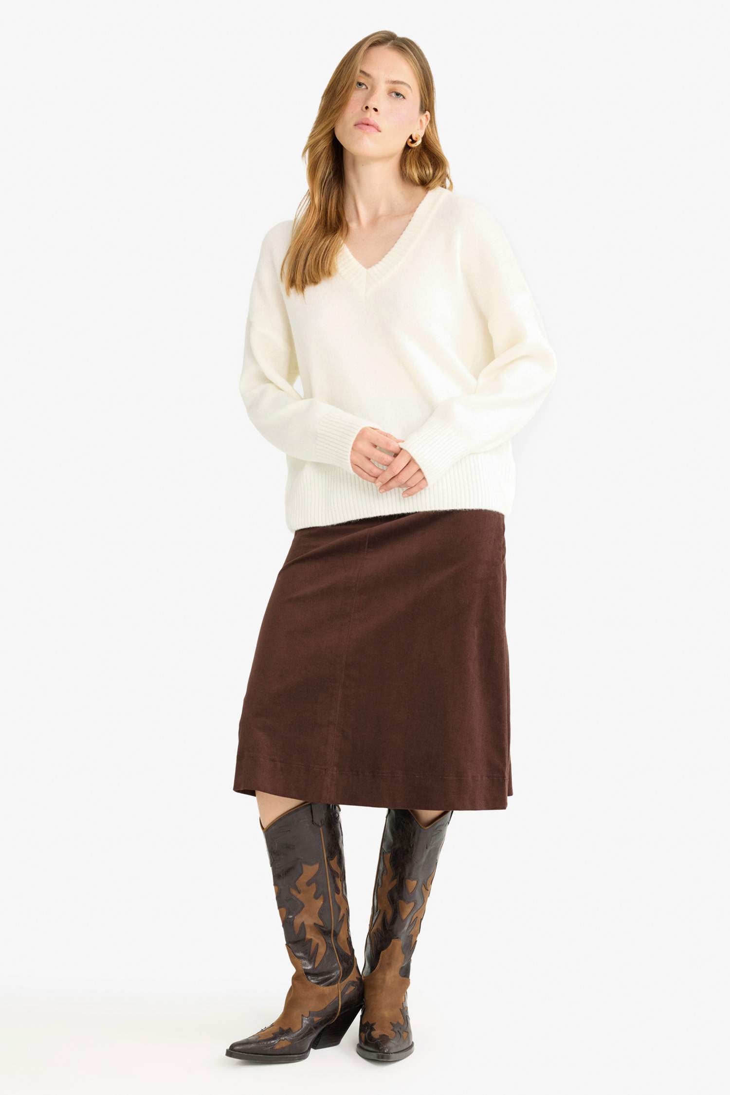 Regular Fit Velvet Normal Waist Midi Skirt