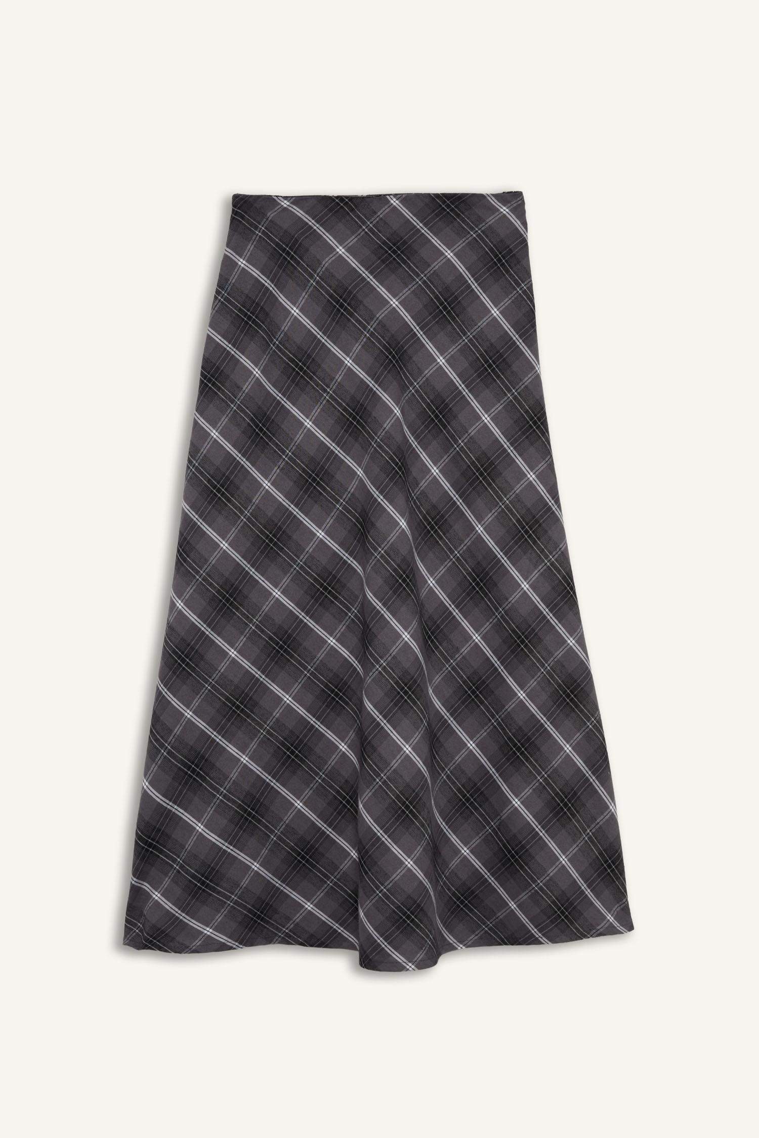 A Kesim Kareli Normal Bel Twill Midi Etek