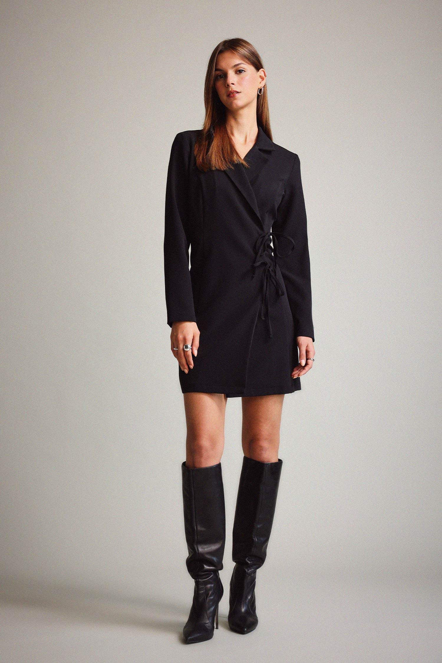 Krep Uzun Kollu Mini Elbise