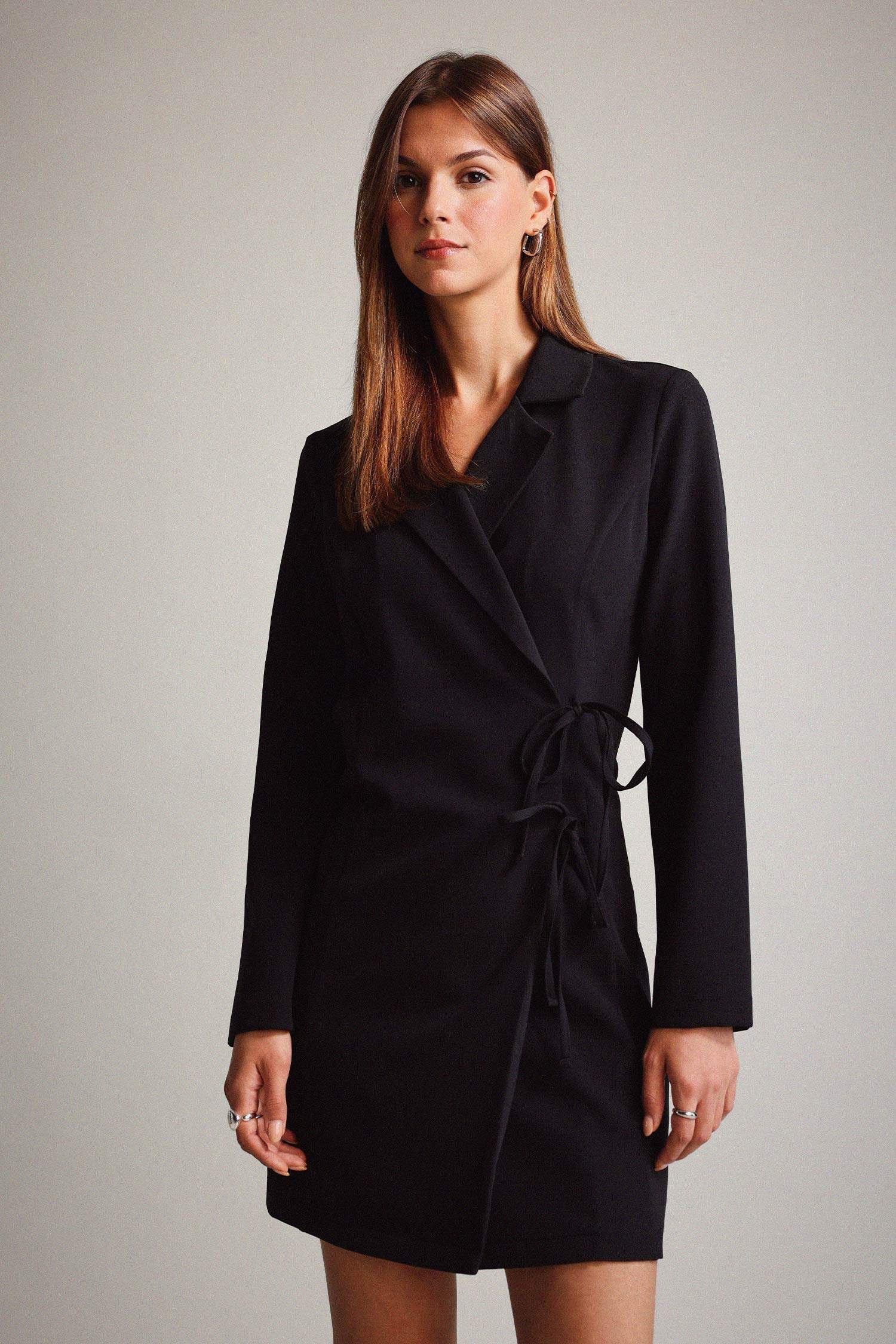 Krep Uzun Kollu Mini Elbise