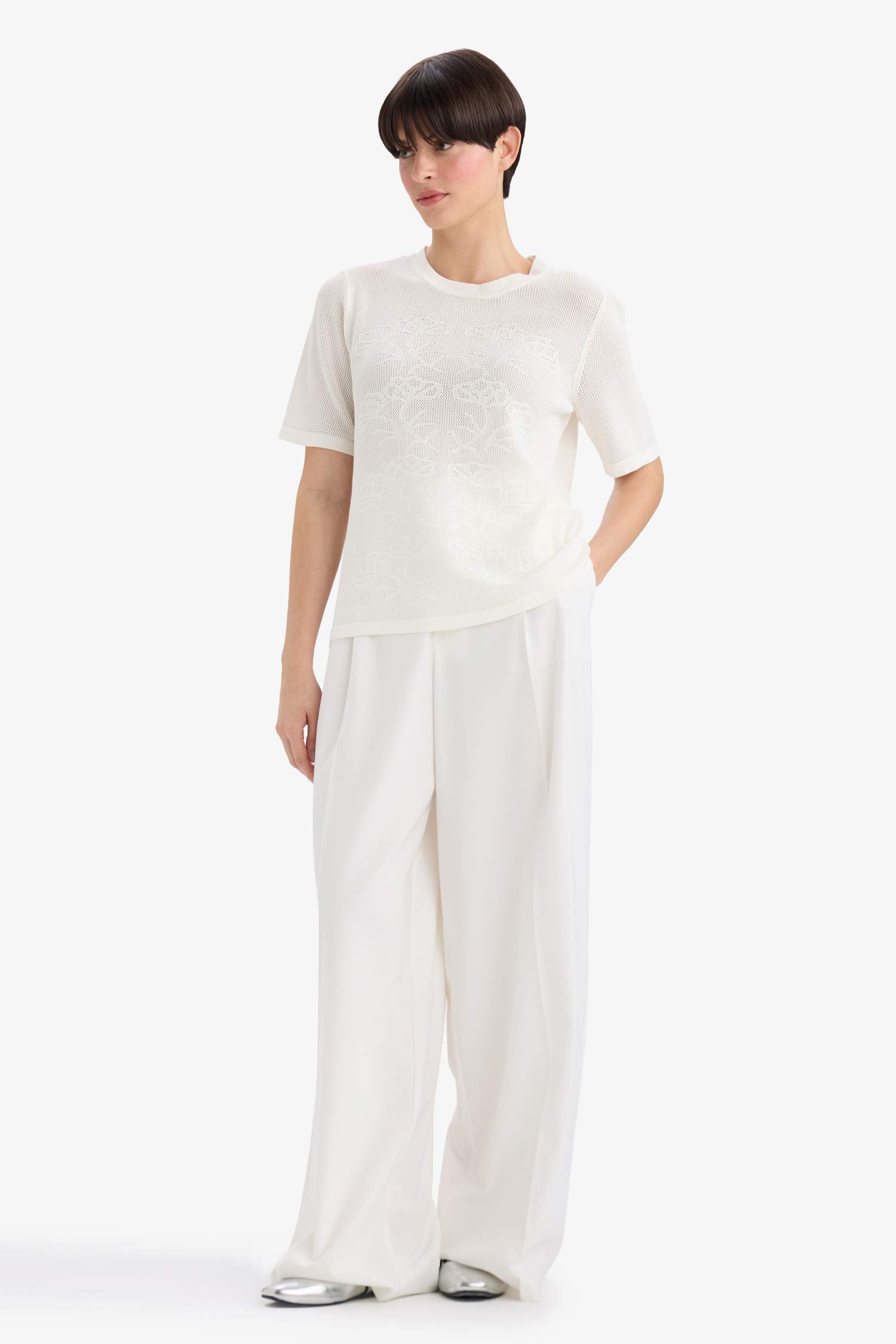 Regular Fit Bisiklet Yaka Ajurlu Kısa Kollu Kazak