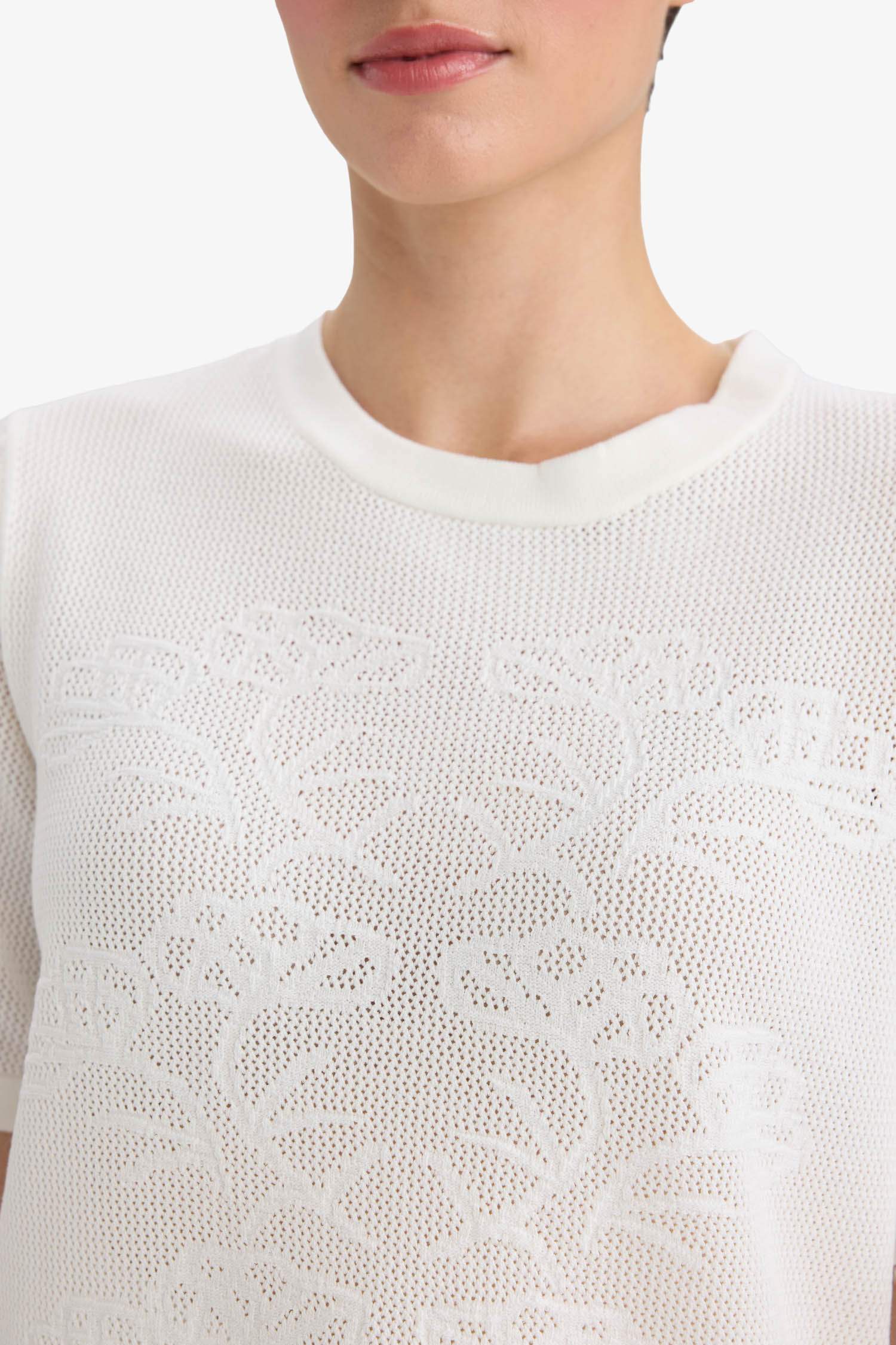 Regular Fit Bisiklet Yaka Ajurlu Kısa Kollu Kazak