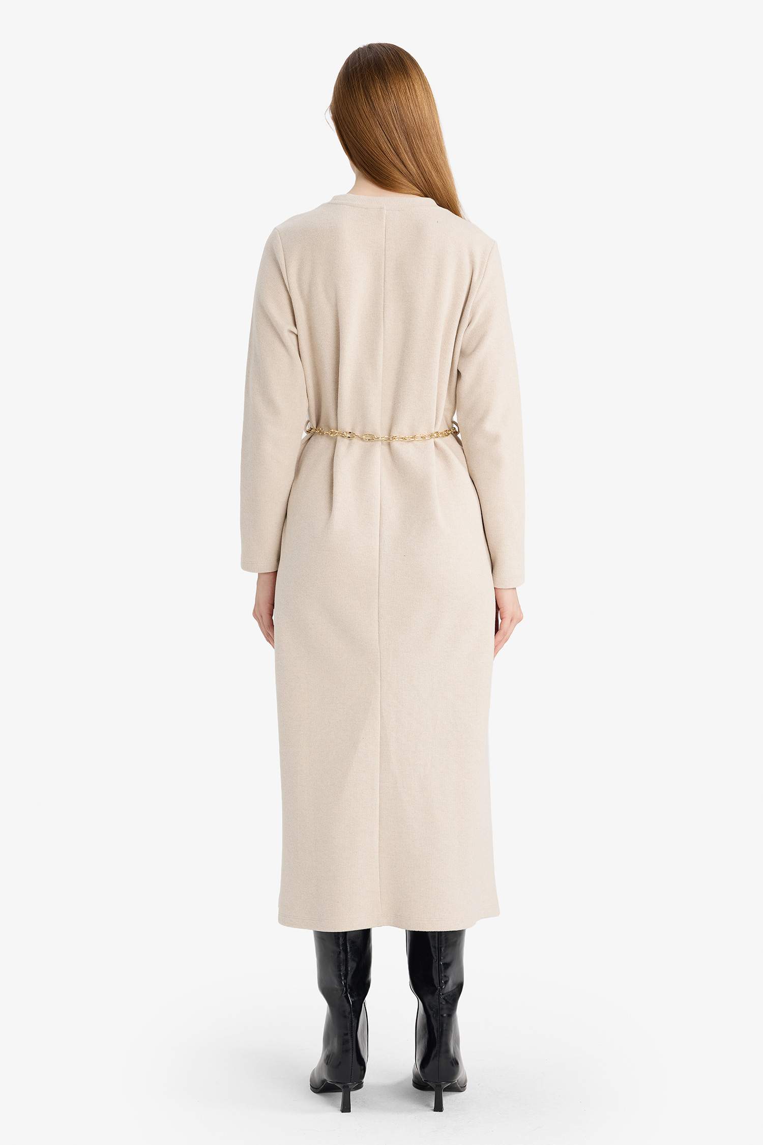 Regular Fit Bisiklet Yaka Uzun Kollu Kemerli Maxi Elbise 