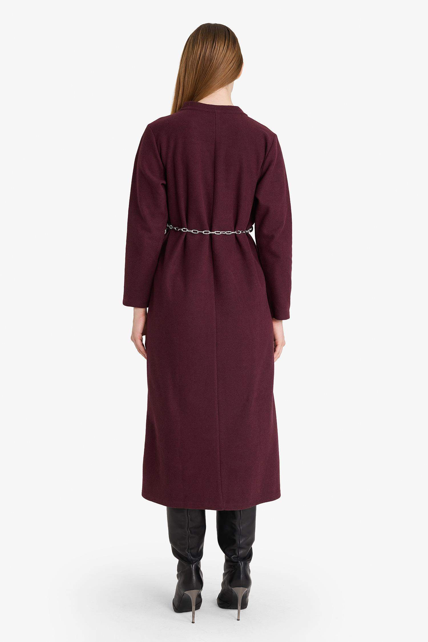 Regular Fit Bisiklet Yaka Uzun Kollu Kemerli Maxi Elbise