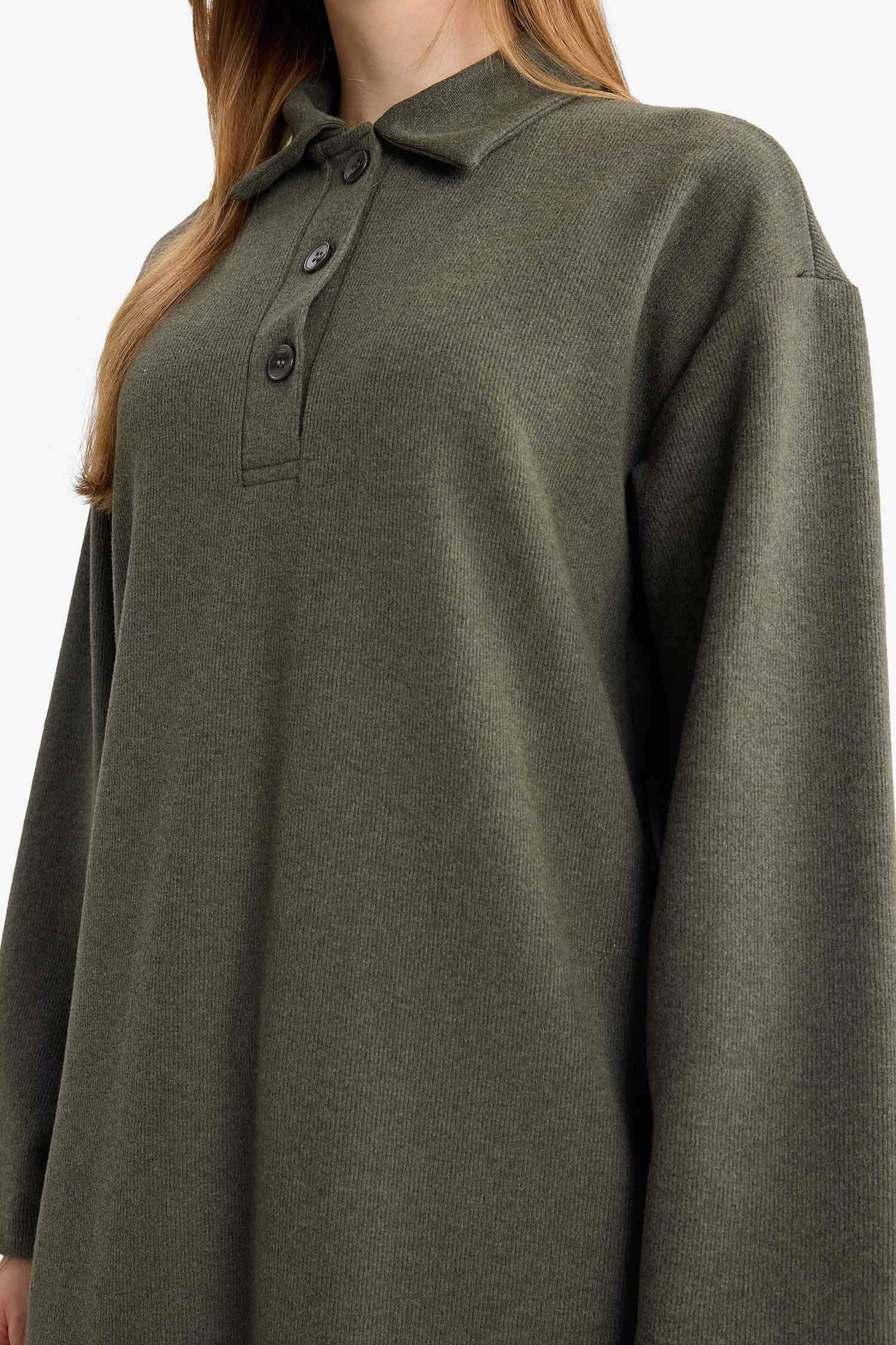 Regular Fit Polo Yaka Uzun Kollu Maxi Elbise