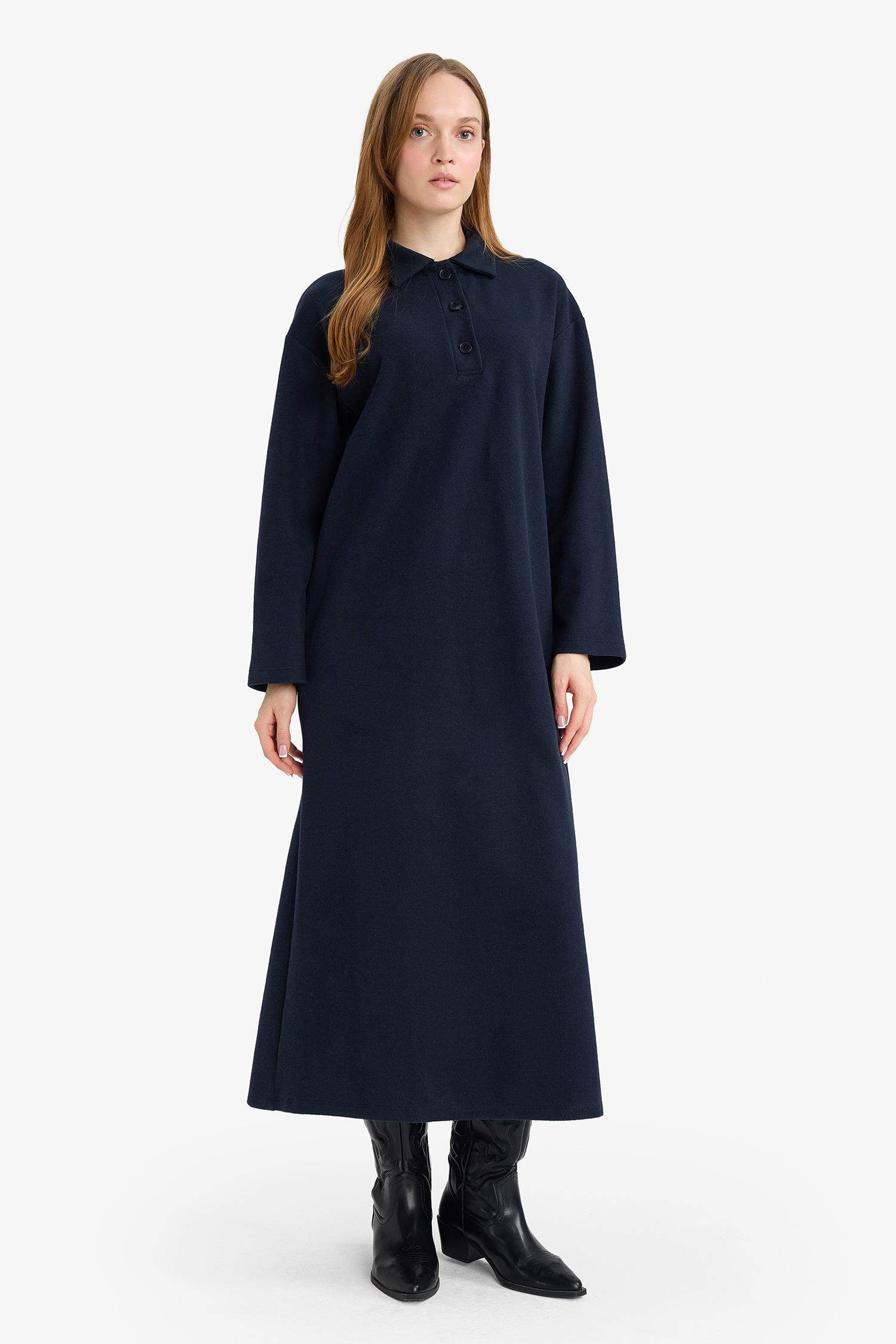 Regular Fit Polo Yaka Uzun Kollu Maxi Elbise