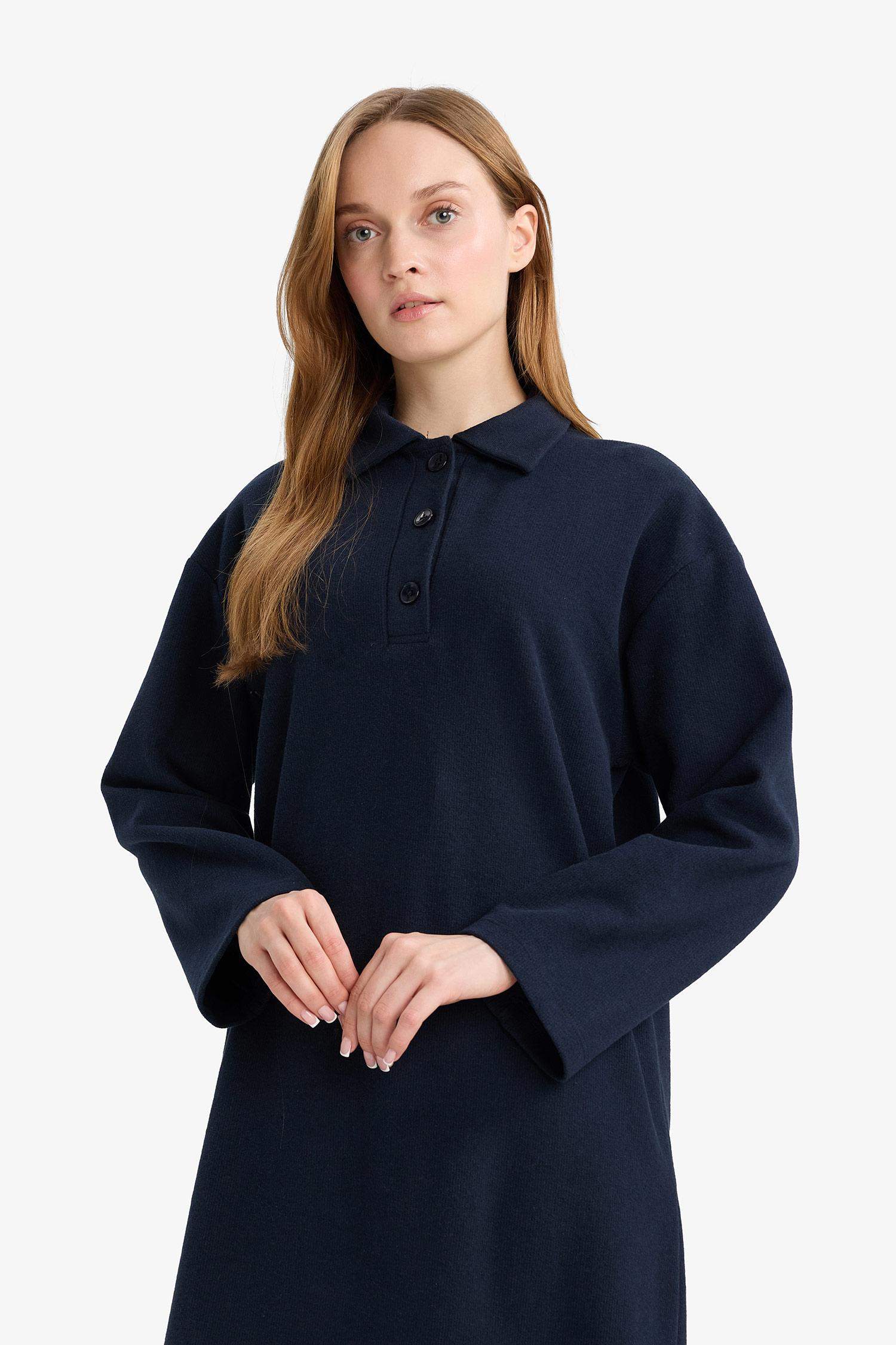 Regular Fit Polo Yaka Uzun Kollu Maxi Elbise